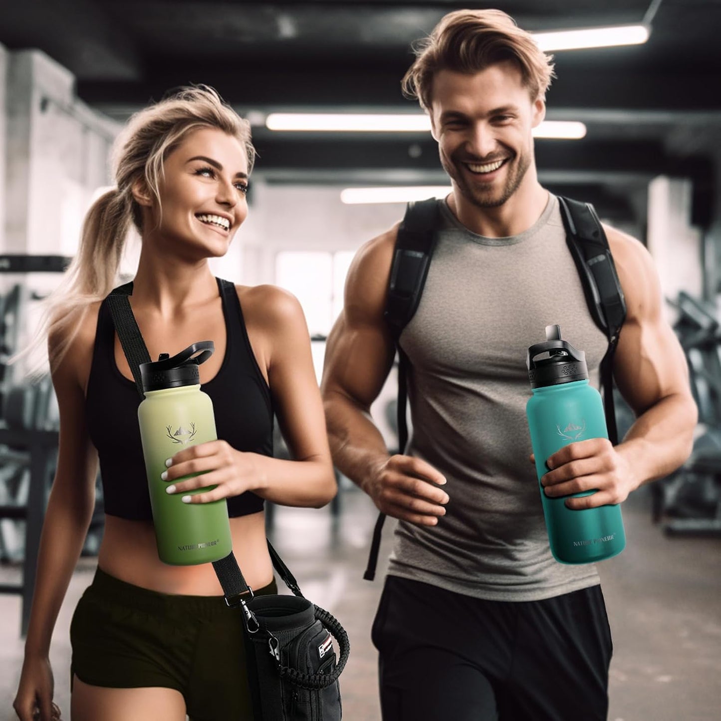 NATURE PIONEOR Insulated Water Bottles with Carrier Holder Sleeve - 32 ounce Stainless Steel Water Bottle with 3 Lids,straw,Keeps Hot and Cold