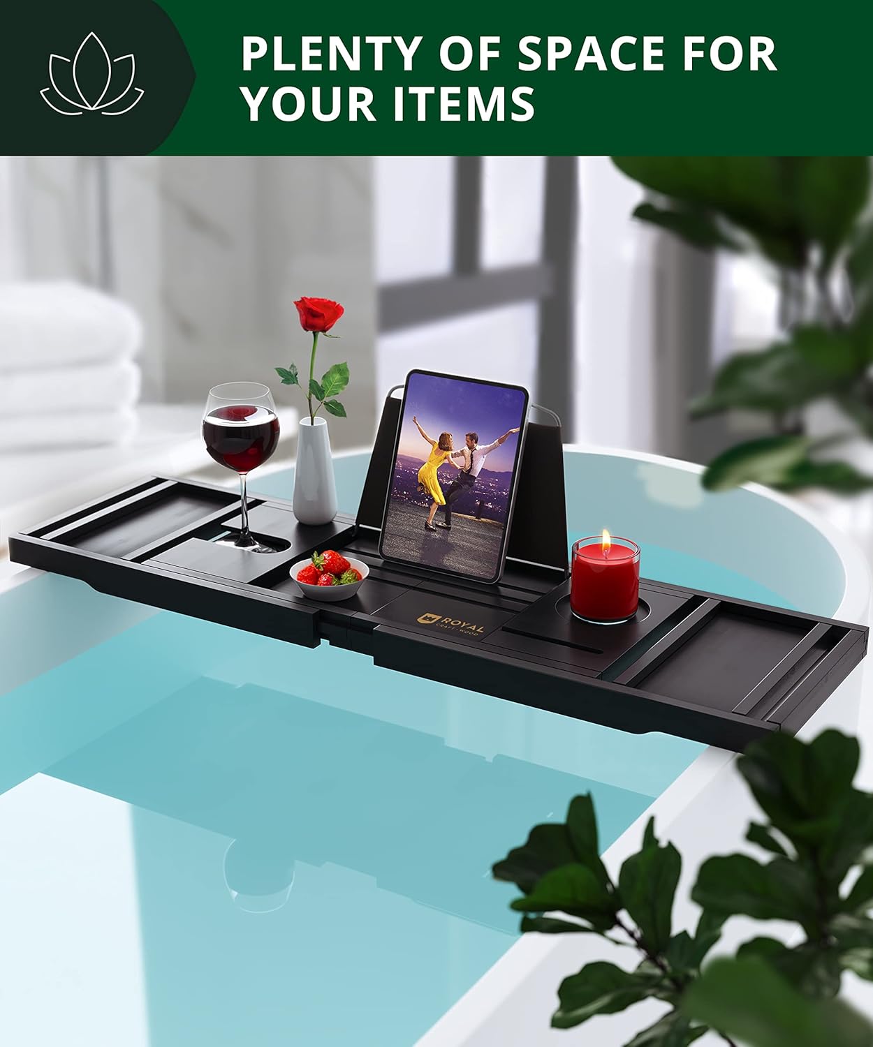 ROYAL CRAFT WOOD Premium Foldable Bathtub Tray - Wood Bath Tray for Tub, Bamboo Shelf, Expandable Bath Table Trays, Bathtub & Bathroom Accessories for New Home & Mothers Day & Birthday Gifts for Mom