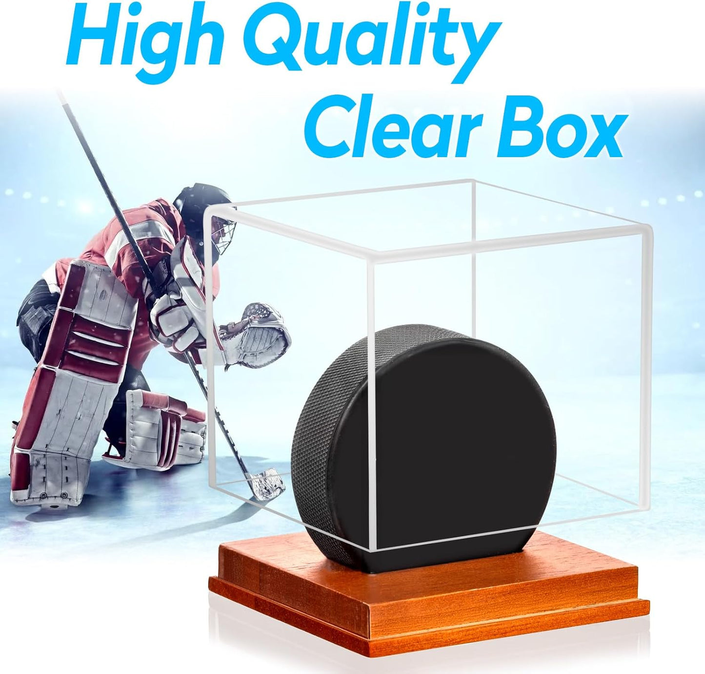 Hockey Puck Display Case, Pucks Display Cases with Wooden Base, Acrylic Clear Box - Hockey Memorabilia Storage Holder, for Enthusiasts & Collectors & Fans (1 Pack, Square)
