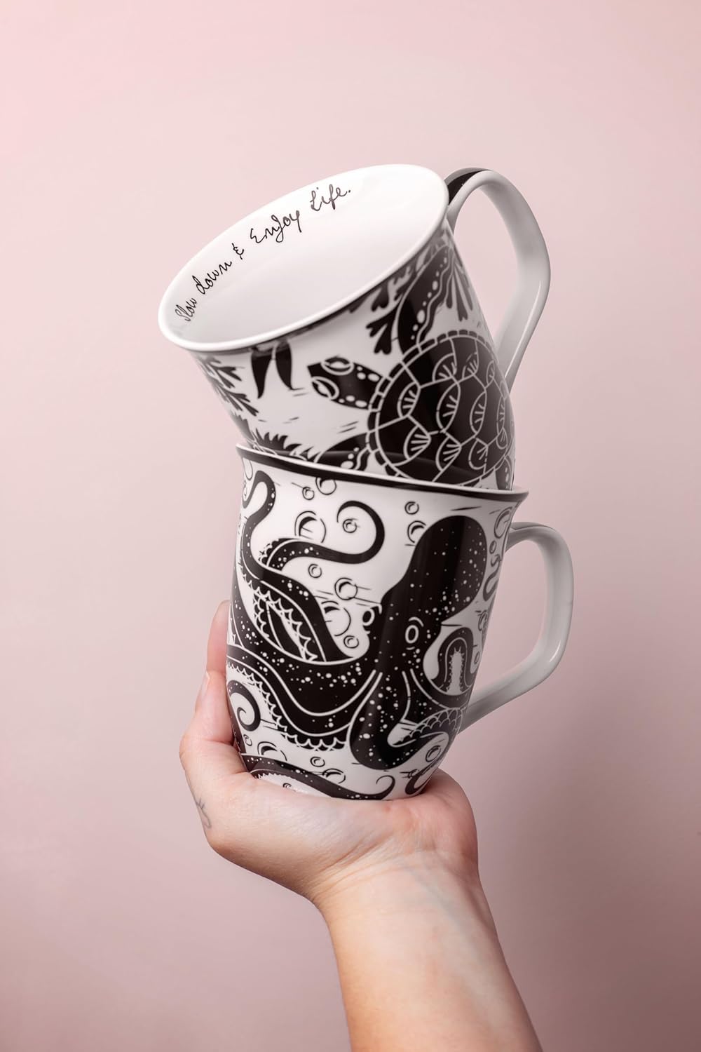 Karma Gifts 14 oz Black and White Boho Mug Western - Cute Coffee and Tea Mug - Ceramic Coffee Mugs for Women and Men