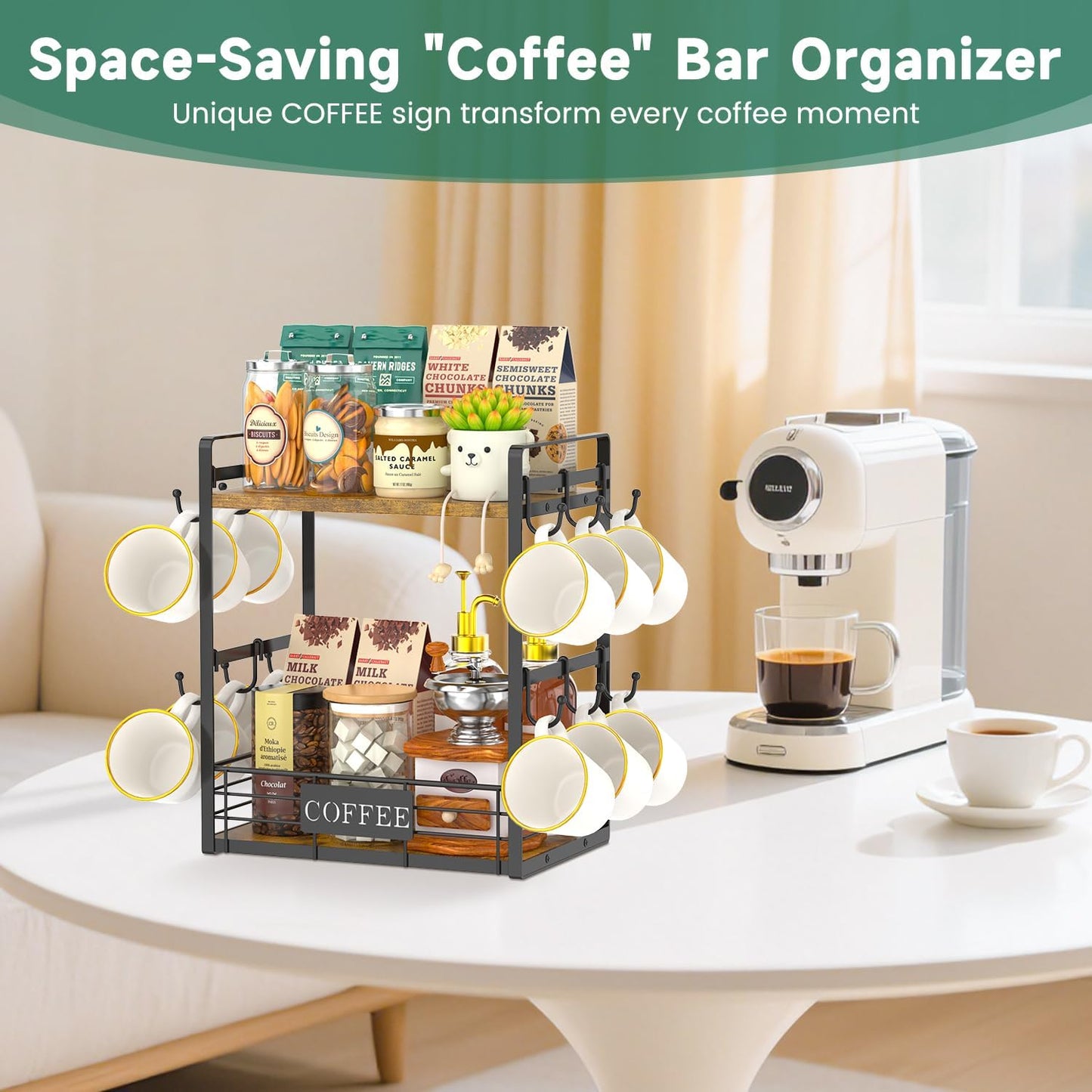 EsLuker.ly Coffee Mug Cup Holder Tree Bar Station Organizer, 2 Tier Mug Stand Rack for Countertop Kitchen, Storage Tower Display Shelf with 12 Hooks, Coffee Nook Enhancer