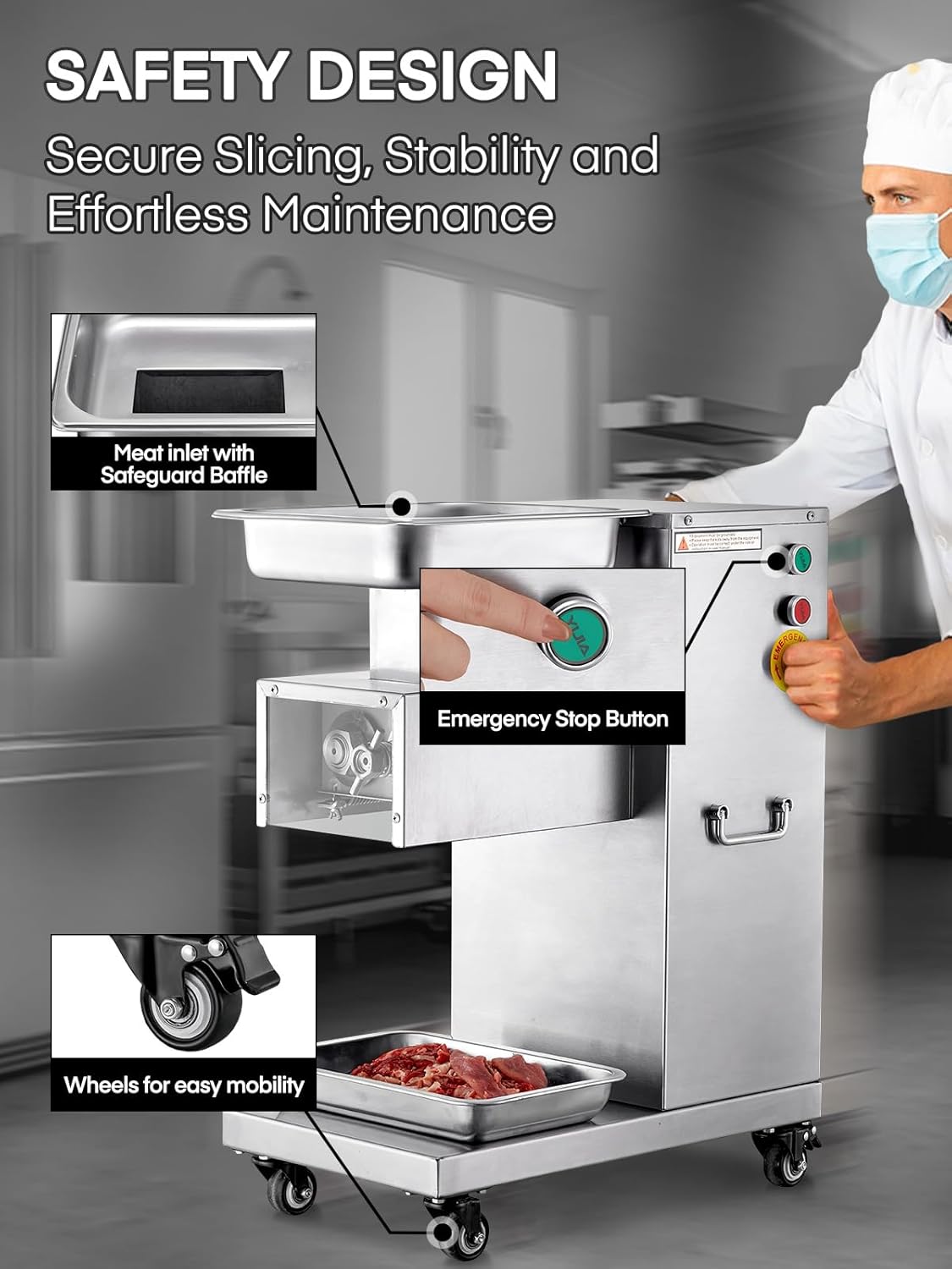 Commercial Meat Cutter Machine, 1200LB/H Electric Cutting Machine 750W Commercial Meat Slicer 3mm Blade Restaurant Food Slicer Stainless Steel For Kitchen Restaurant Supermarket