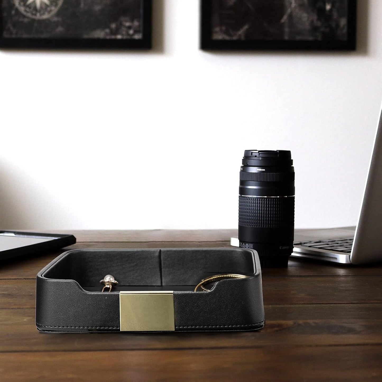 SANZIE Luxury Leather Tray Desktop Storage Catchall Organizer Decorative Tray for Entryway Table to Hold Jewelry Watch Keys Phone Wallet (Metal Glided, Black)