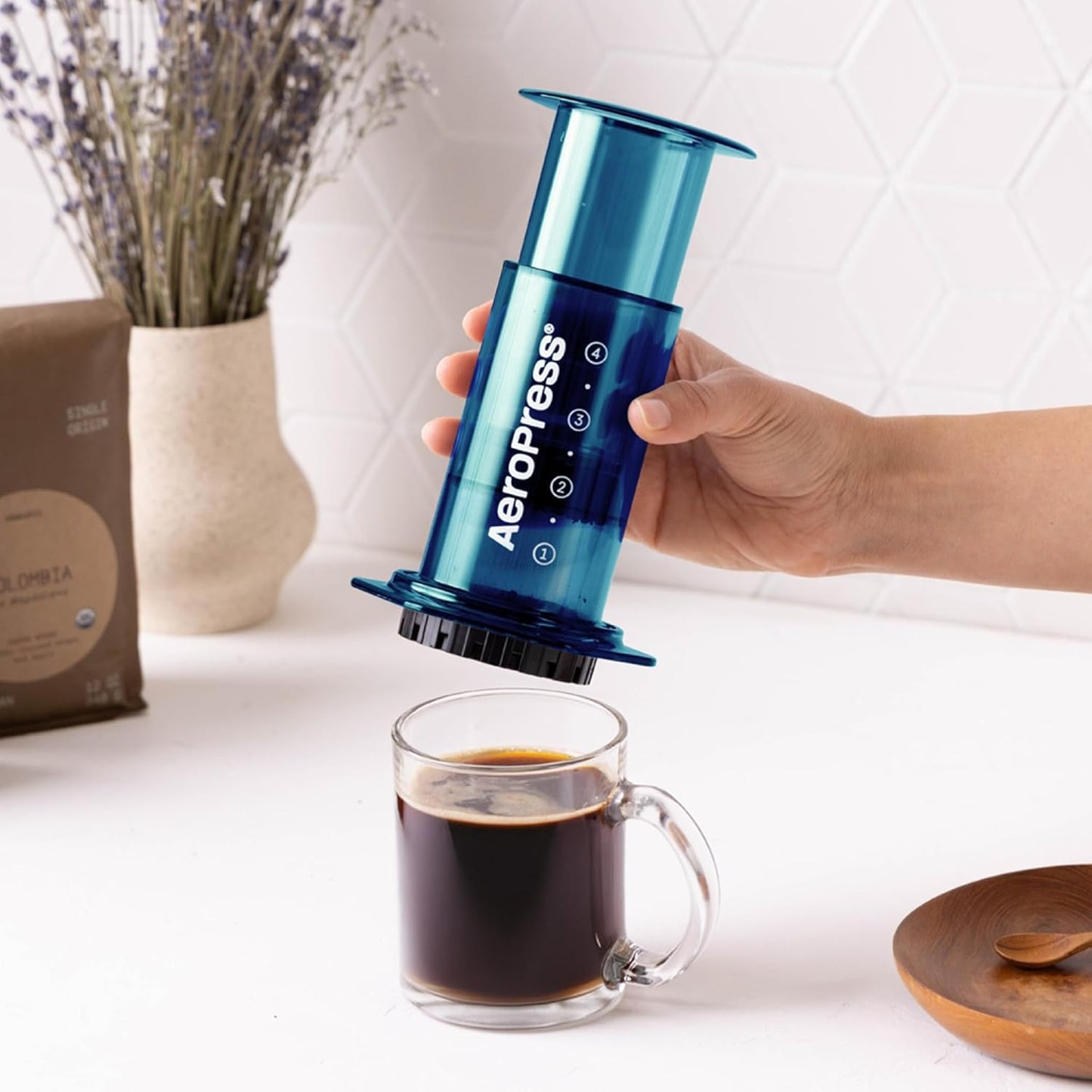 AeroPress Clear Blue Coffee Press – 3 In 1 Brew Method Combines French Press, Pourover, Espresso, Full Bodied Coffee Without Grit or Bitterness, Small Portable Coffee Maker for Camping & Travel-Blue