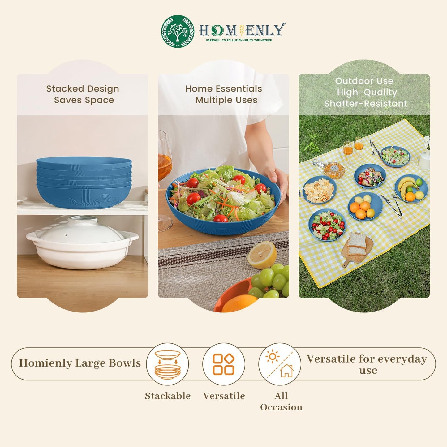 Homienly Large Wheat Straw Salad Bowls - Set of 6, 65 OZ, 10 Inch, Microwave & Dishwasher Safe - Navy Blue