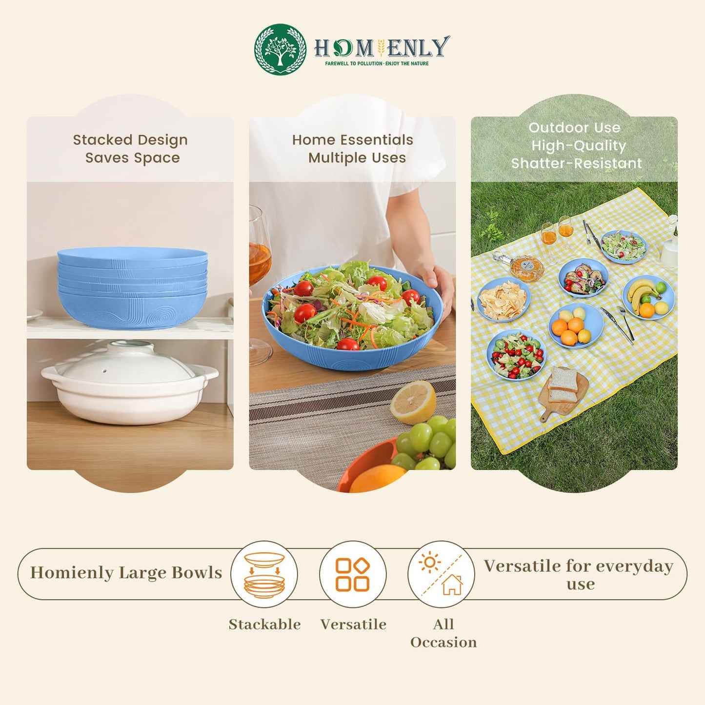 Homienly Wheat Straw Big Bowls Salad Bowls Set of 6 10 inch Serving Bowls 65 oz Large Bowls Plastic Plates Bowls Wide and Shallow Bowls for Kitchen Microwave & Dishwasher Safe-Sky Blue