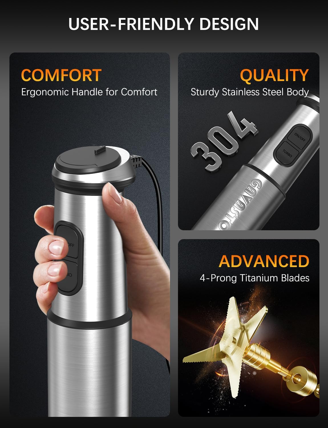 Immersion Blender Handheld GAVASTO Hand Blender,20 Speeds and Turbo Mode Hand Mixer, 3-in-1 Heavy Duty Copper Motor Stainless Steel