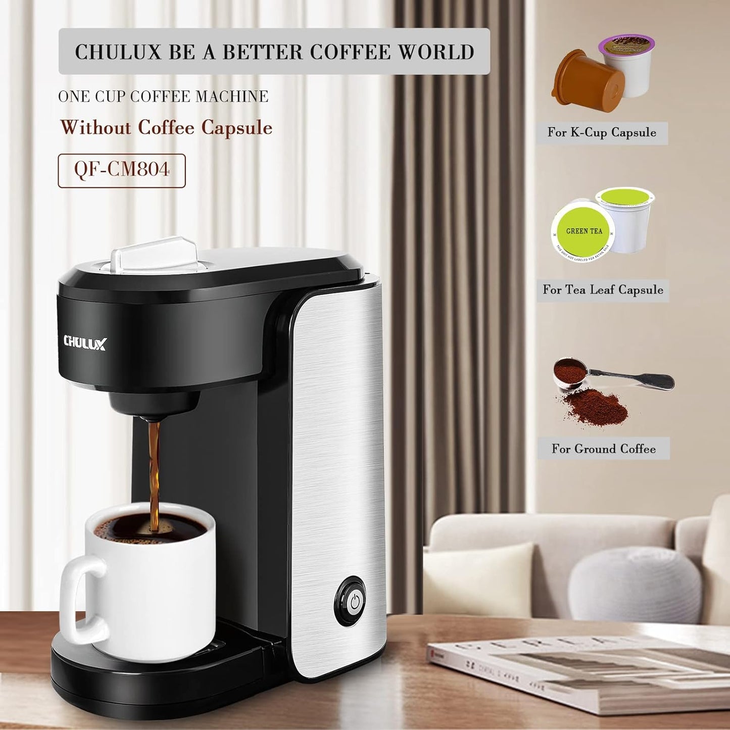 CHULUX Single Serve Coffee Maker, 1000 Watts Single Cup Stainless Steel Coffee Machine for Capsule and Ground Coffee with Graduated Water Tank, One Button Operation