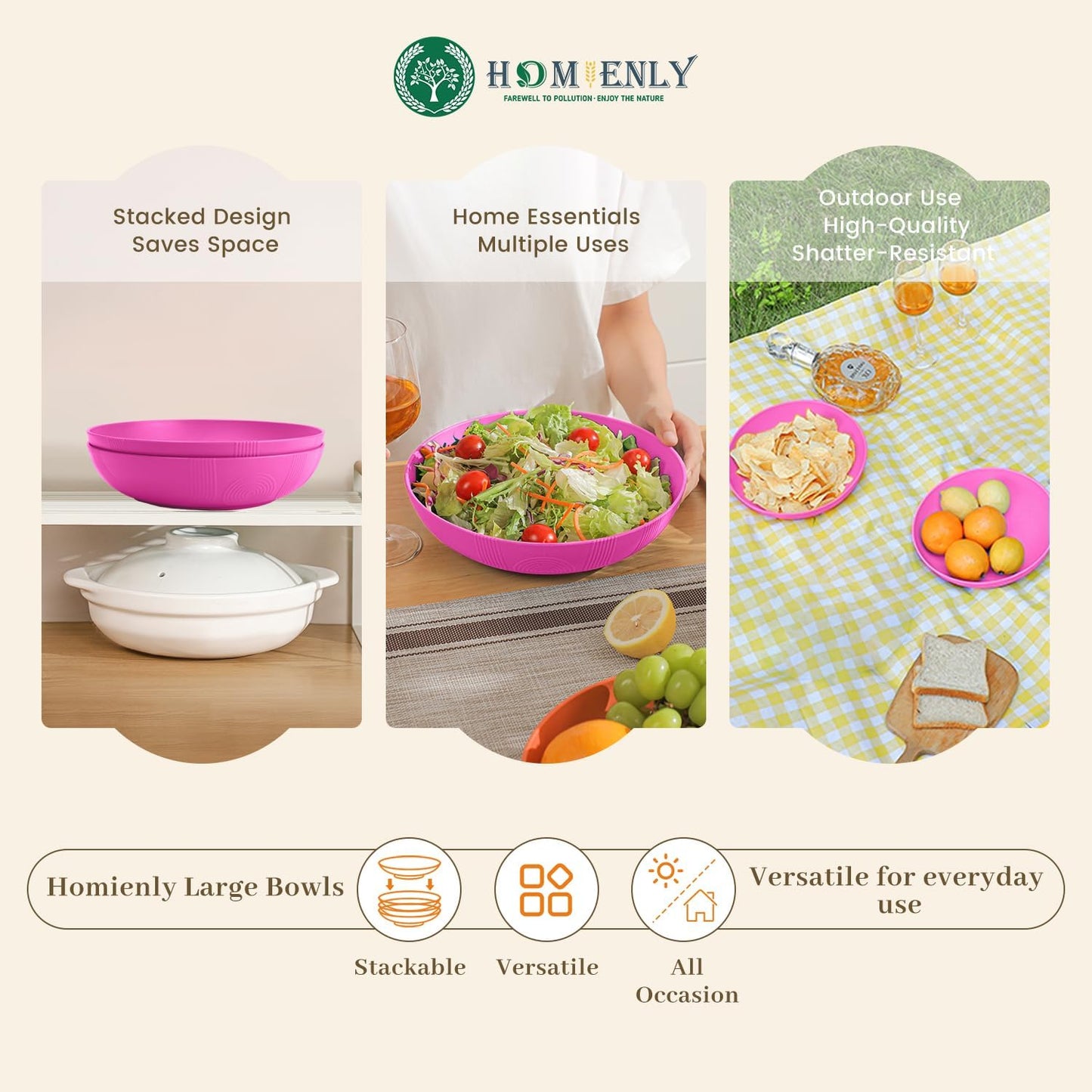 Homienly Wheat Straw Large Salad Bowls, 60 OZ Large Serving Bowls for Kitchen, Camping, Party, Microwave and Dishwasher Safe, Unbreakable Lightweight Big Bowls for Fruit, Salad (Pink)