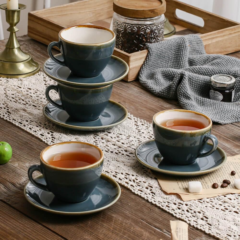 SHUER Ceramic Cappuccino Cup Set of 4, 7.8 OZ Cups and Saucers Set,Coffee Mocha Cup Sets,Black Coffee Cups and Glaze Americano Mugs Great for Party and Low Tea Time (Blue 220ml)
