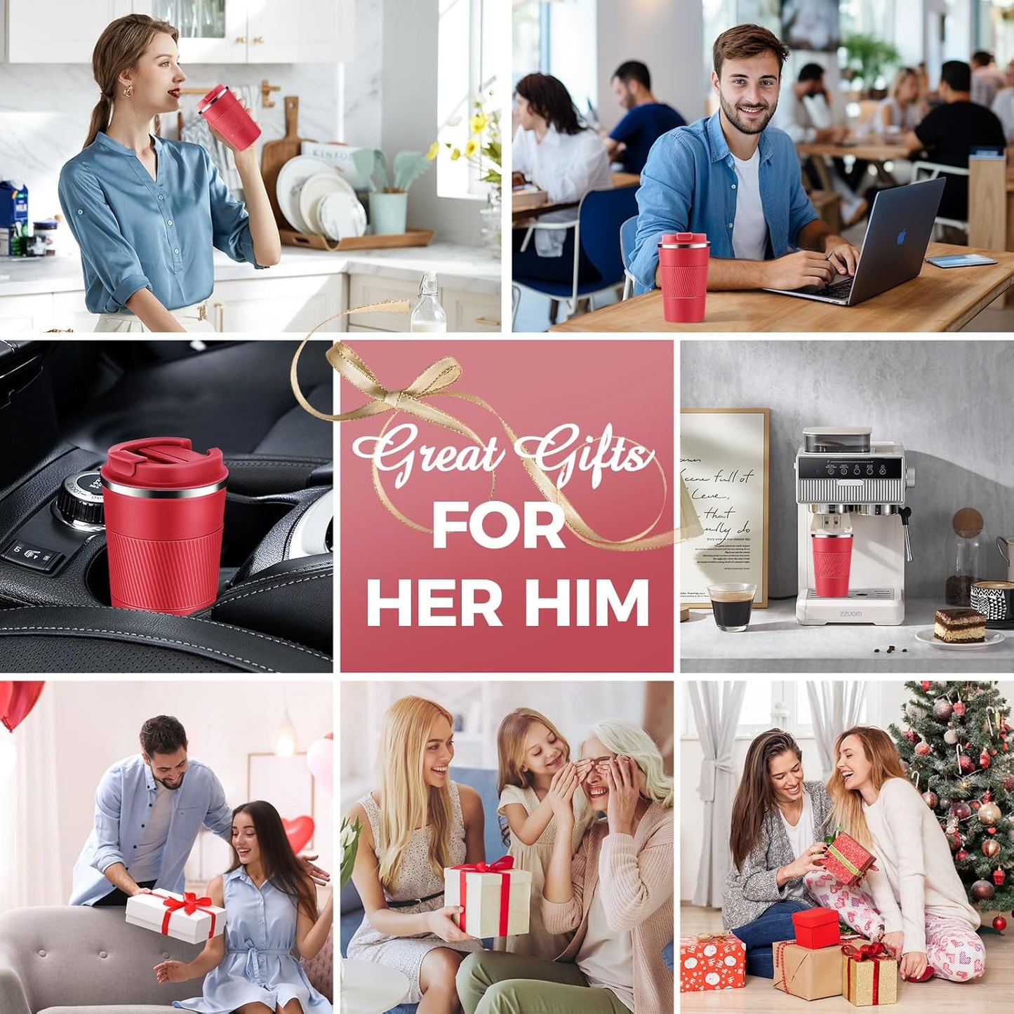 Volhoply 13 oz Stainless Steel Insulated Travel Coffee Mug with Fip Lid Bulk 2 Pack,Reusable Double Wall Vacuum Metal Coffee Cup,Portable Leak Proof Thermal Tumbler for Hot & Cold Drinks(Red,2)