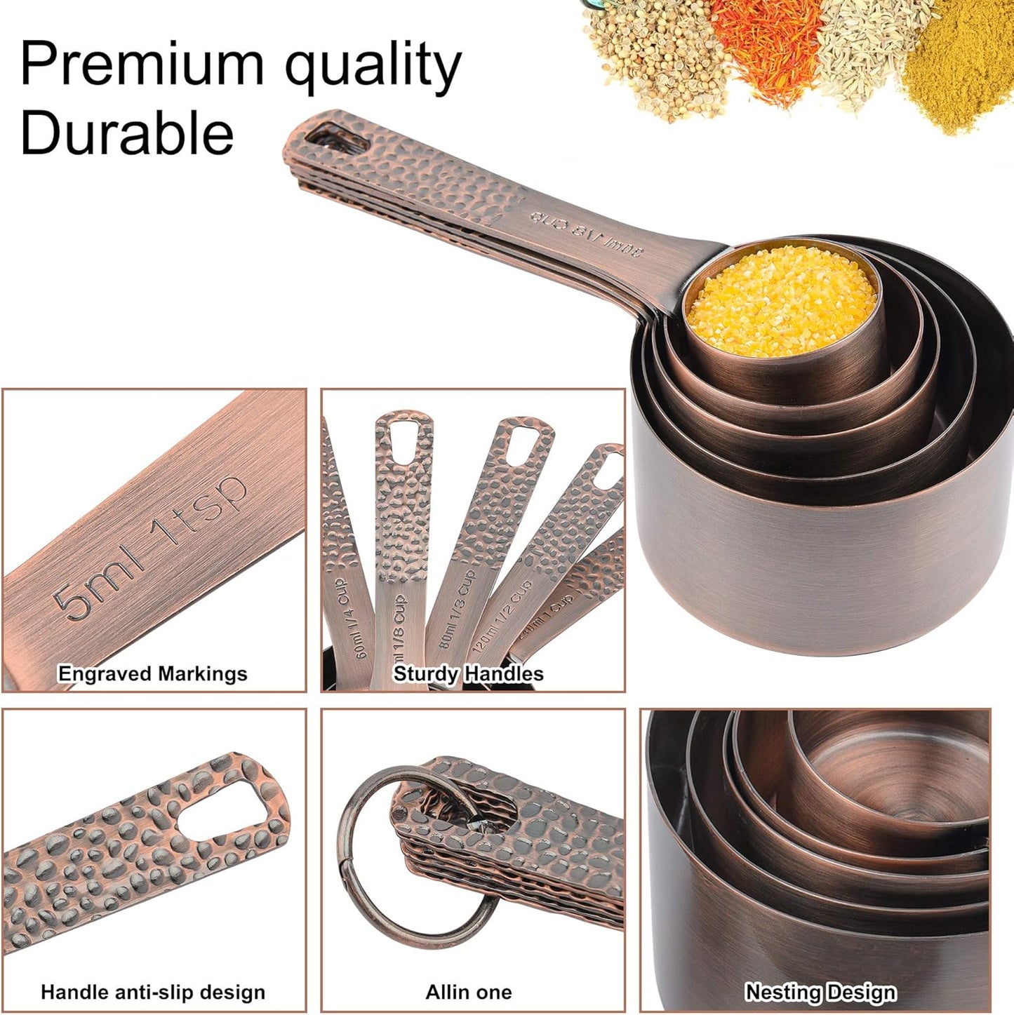 Copper Measuring Cups and Spoons Set, Stainless Steel Measuring Tools Set for Baking & Kitchen, Metric & US 4 Copper Plated MeasureCups and 5 Measure Spoons with Leveler for Wet & Dry