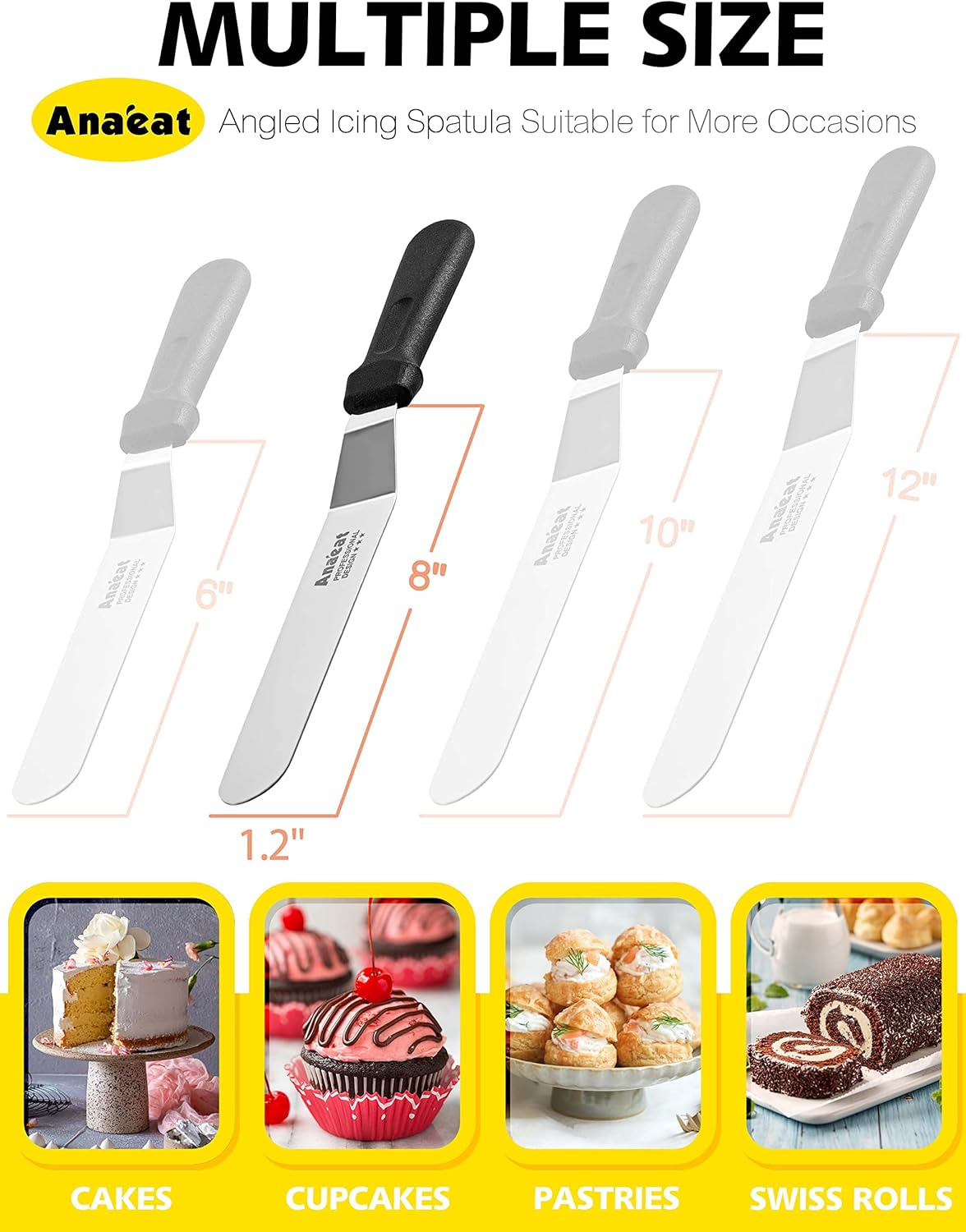 Anaeat Icing Spatula, Professional Cake Angled Offset Spatula with 8" Stainless Steel Blade - Thickened Frosting Knife with Durable Plastic Handle for Cake Decorating, Pastry & Baking