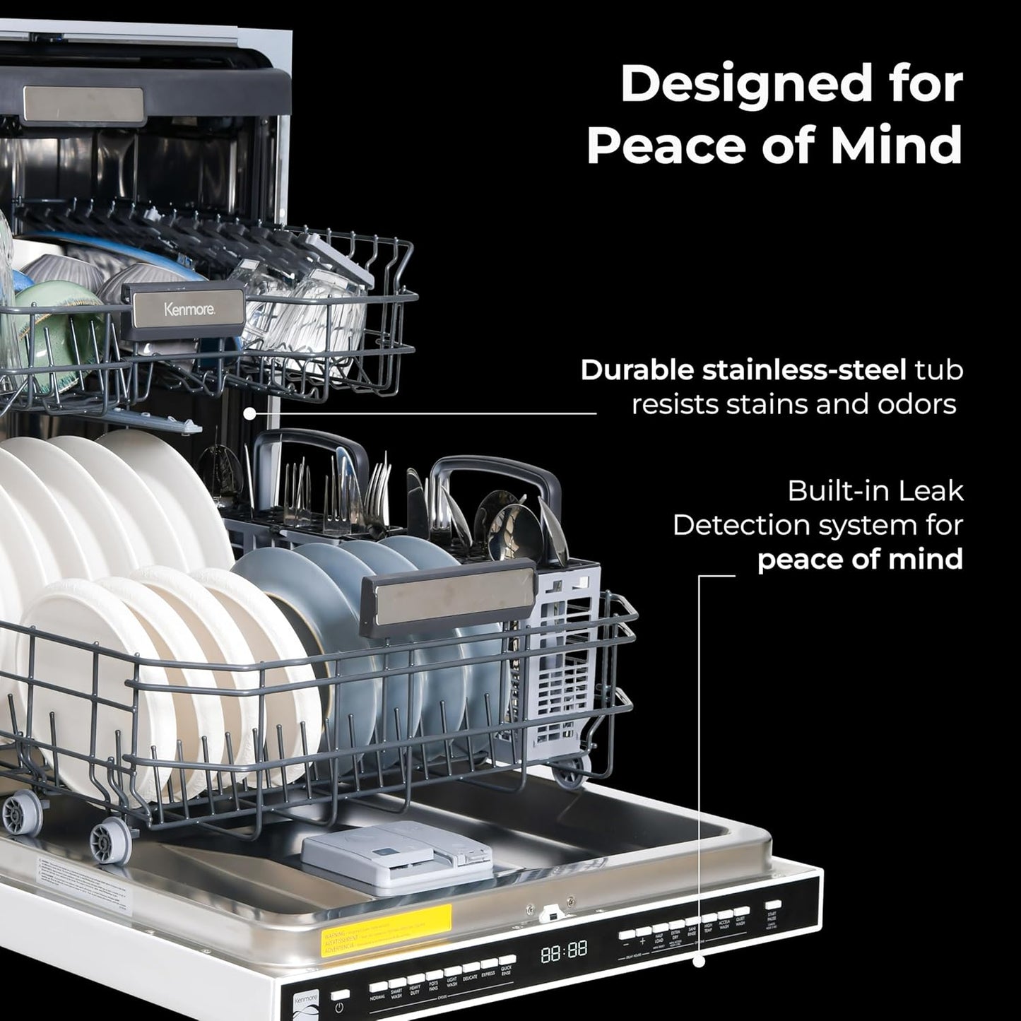 Kenmore 22-14629 24" Built-in Dishwasher-Quiet Tub with TurboDry, Leak, & SmartWash Soil Detection-15 Place Settings-49 DBA-Energy Star Certified, 24.61"D x 23.55"W x 33.88"H, Black