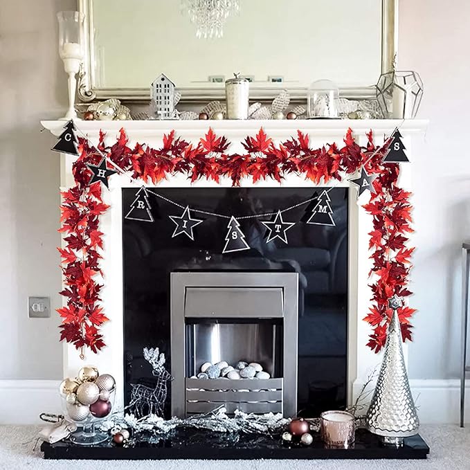 Lvydec 2 Pack Maple Leaves Fall Garland - 5.9ft/Strand Artificial Foliage, Red Fall Leaves Autumn Decoration for Home, Wedding, Party, Halloween, Thanksgiving