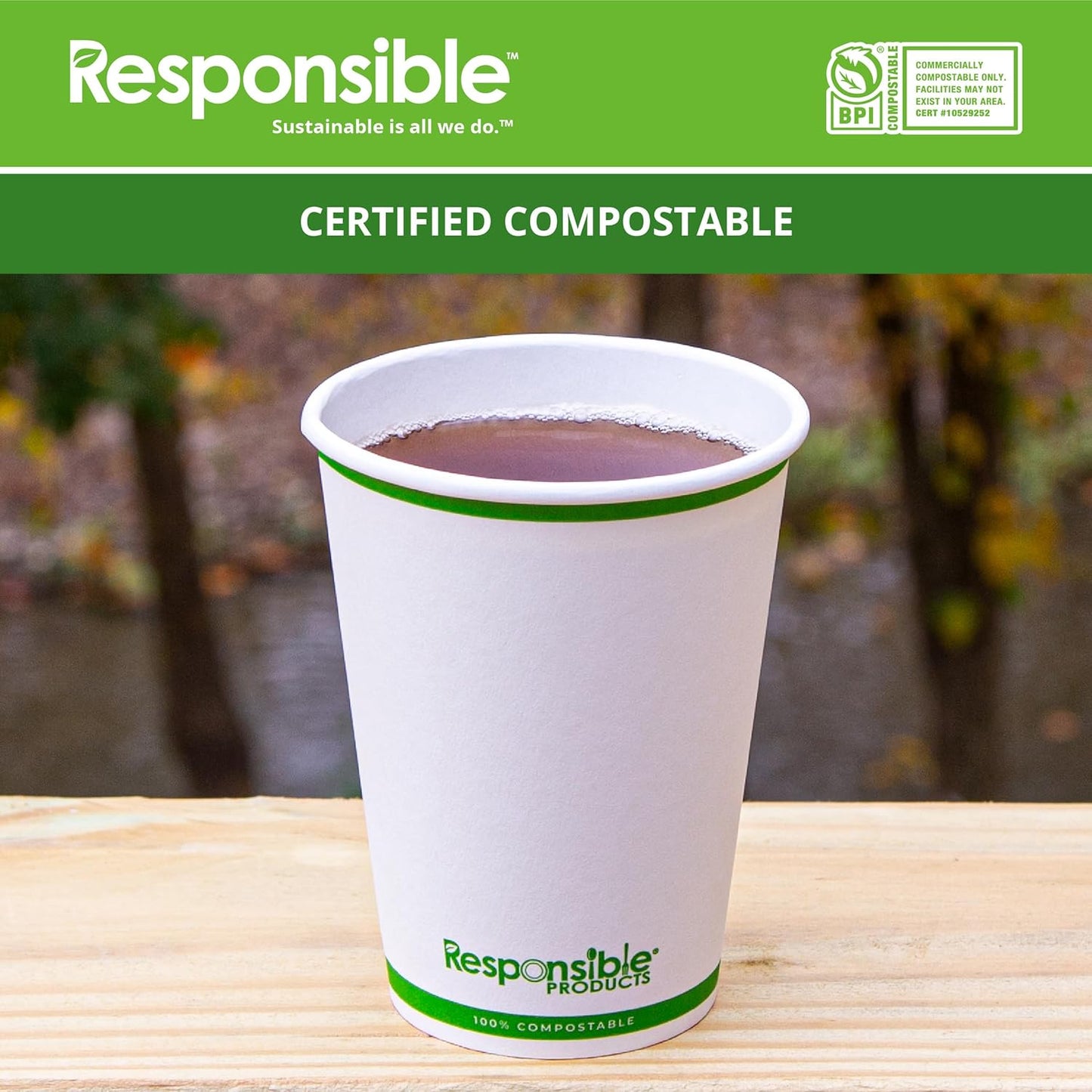 Certified Compostable 12 oz Paper Cups, Cold & Hot Coffee Cups, Disposable Paper Cups, Extra Strength Disposable Cups, Made without PFAS (50 count)