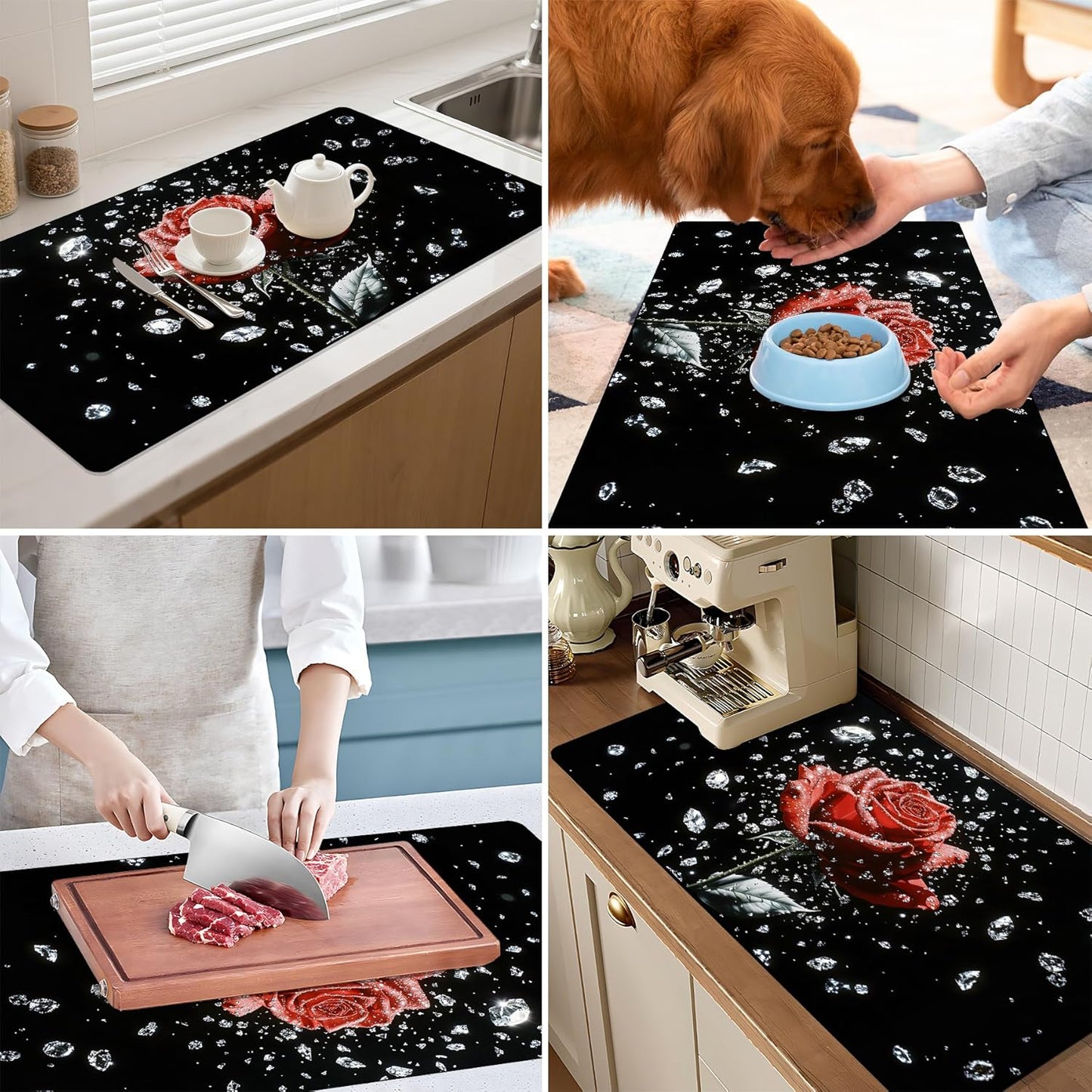 17"x 32" Coffee Bar Mat, Red Rose Absorbent Dish Drying Mat Cuttable Hide Stain Draining Table Pad for Kitchen Counter, Coffee Bar Accessories