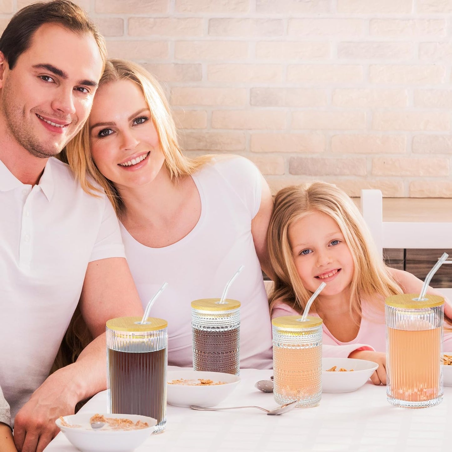 13 oz Drinking Glasses Set of 4 with Bamboo Lids Straws Hobnail Boho Glassware Set Vintage Glass Cups Embossed Iced Coffee Cup for Beer Cocktail Beverage(Hobnail)