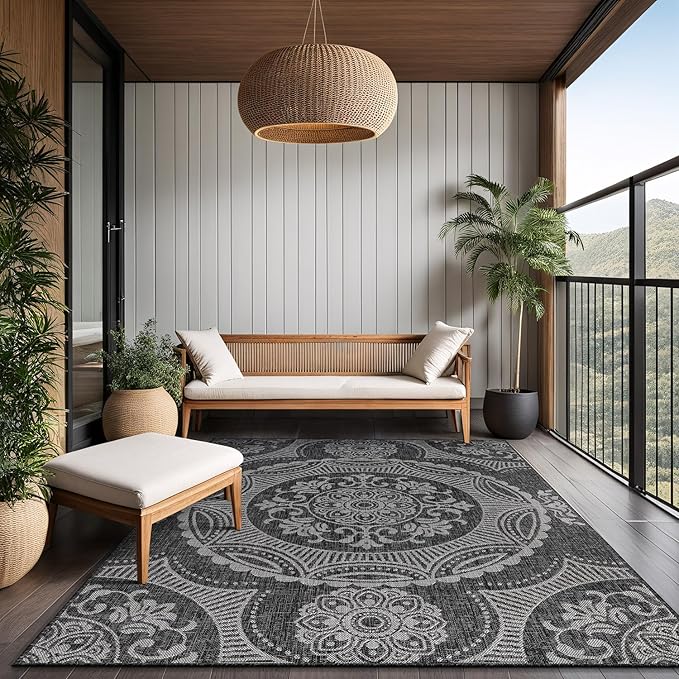 Medallion Outdoor Rug 10x14 Washable Outside Carpet for Indoor Patio Porch Waterproof Easy Cleaning Non Shedding Area Rugs Dark Gray 10 x 14