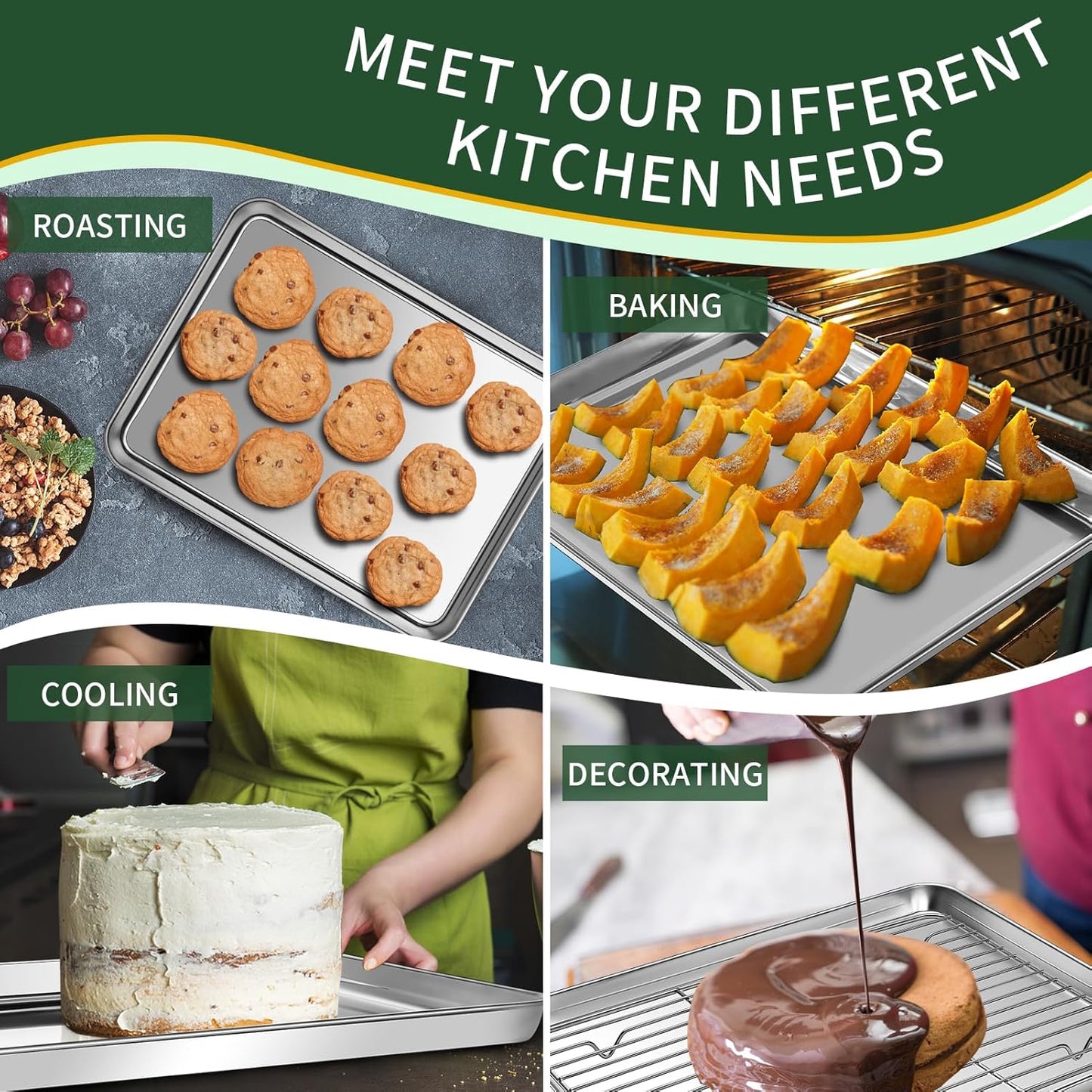 Baking Sheet with Cooling Rack Set(2 Baking Pans+2 Baking Racks), CEKEE Stainless Steel Non Stick Small Cookie Sheet Set, Size 10.39 x 8.07 x 1 Inch, Easy to Clean Small Baking Sheet with Rack Set