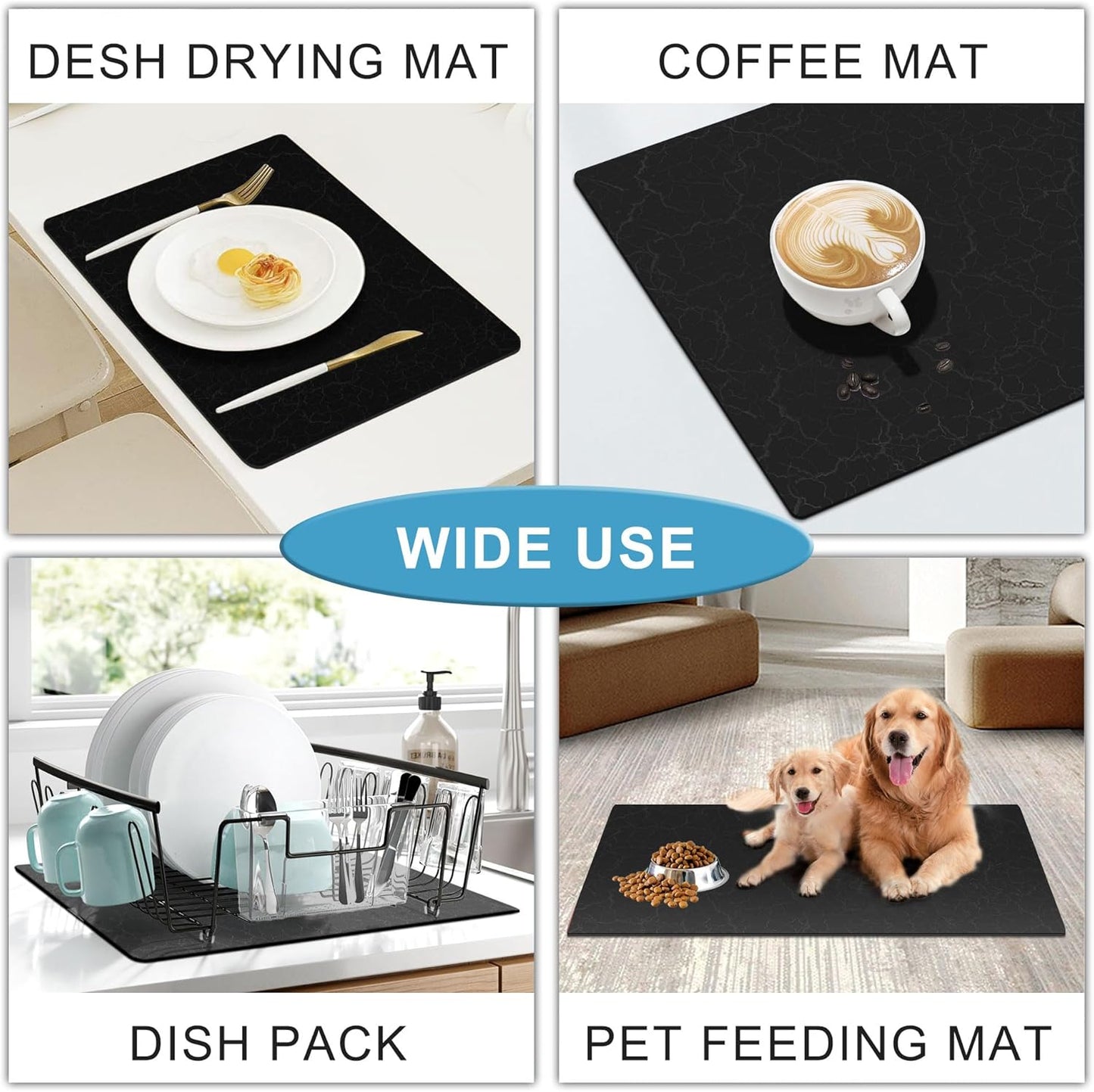 Coffee Maker Mat for Countertops, Coffee Bar Accessories Fit Under Coffee Machine Mat 19"x12"Rubber Backed Coffee Pots - Table Mat Under Appliance, Kitchen Counter Coffee Dish Drying Mat, Marble Black