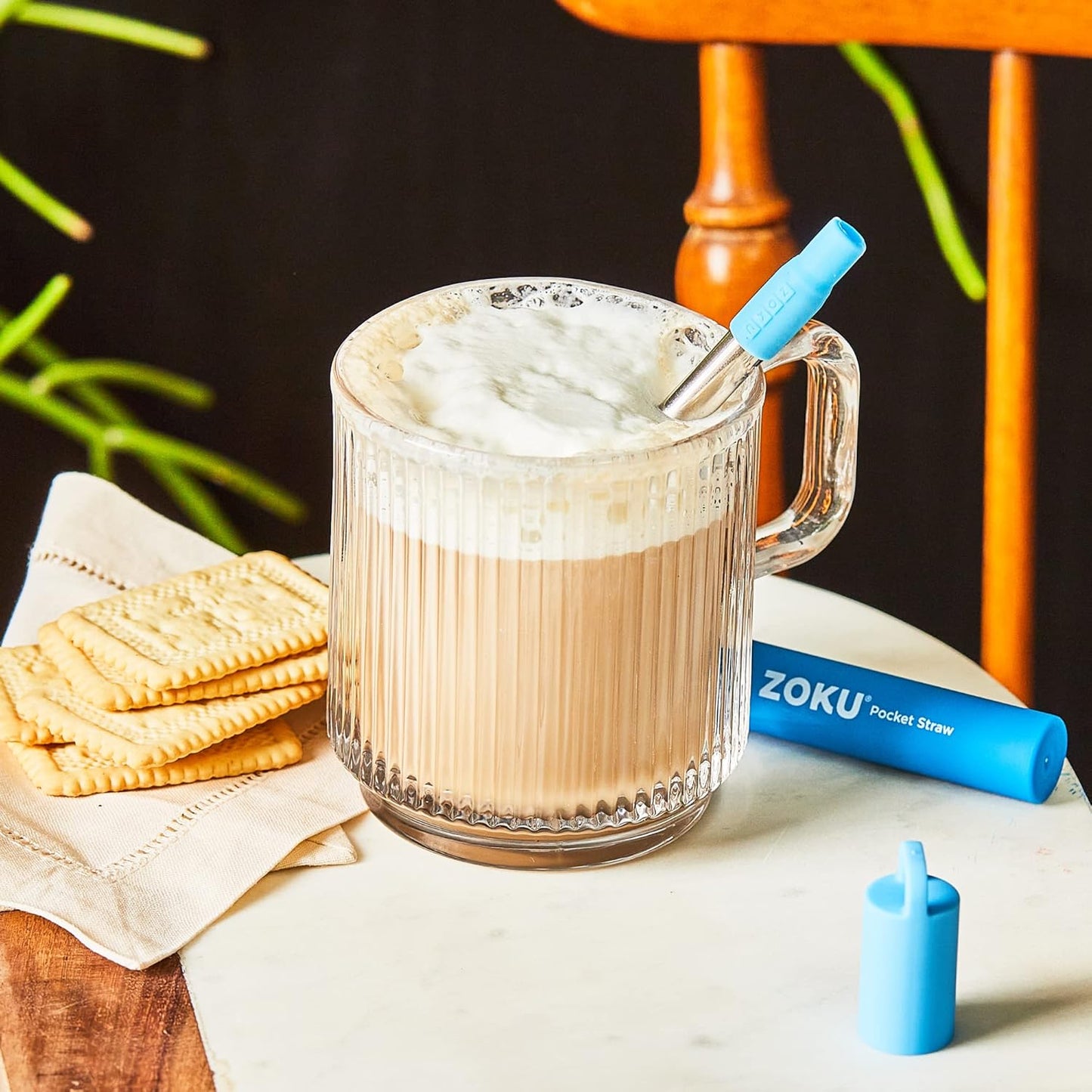 ZOKU Reusable Metal Straw with Case for Travel, Blue - Collapsible Stainless Steel Drinking Straw with Silicone Tip and Cleaner Brush, Ideal for Key Chains, Pockets, Purses