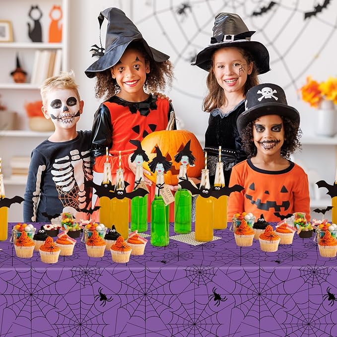 2 Pcs Halloween Tablecloth - Plastic Halloweens Spider Webs Table Cloth, Purple Disposable Rectangle Spiderweb Table Cover for Halloween Party Decorations Supplies Favors Tables Decor, 108 x 54 Inch