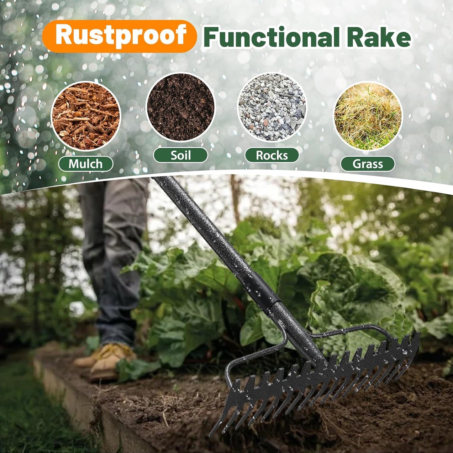 Garden Rake, 63 Inch Long Handle with 17 Tongs, Heavy Duty Metal Bow Rake for Loosening Leveling Soil, Garden Leaf Rake for Raking Leaves Grass , Weeding, Metal Yard Thatch Lawn Care Garden Tool