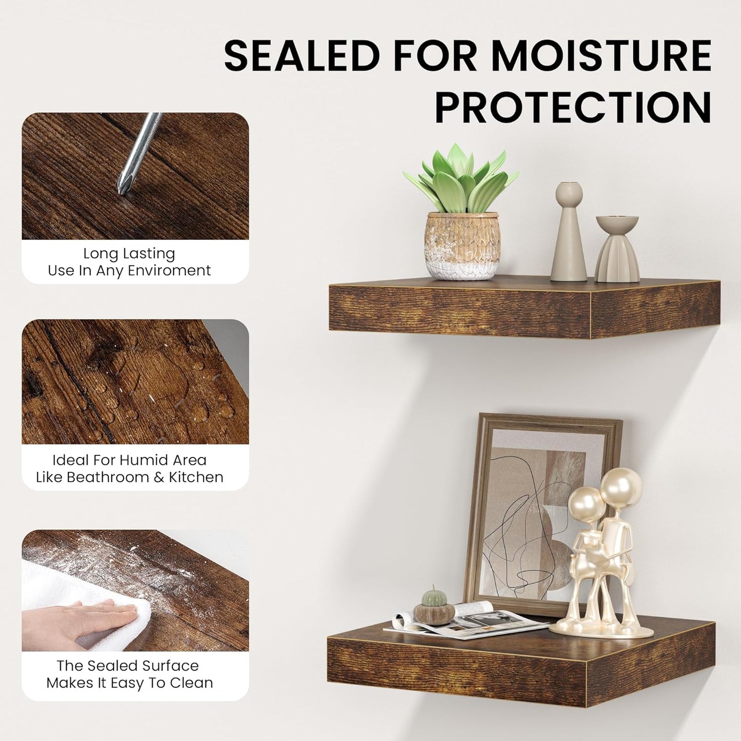 Square Floating Shelves for Wall, 10"W x 10"D x 1.2"H, Small Wooden Wall Mounted Display Shelf with Invisible Brackets for Living Room, Bedroom, Bathroom, Kitchen Decor, Set of 4, Rustic Brown