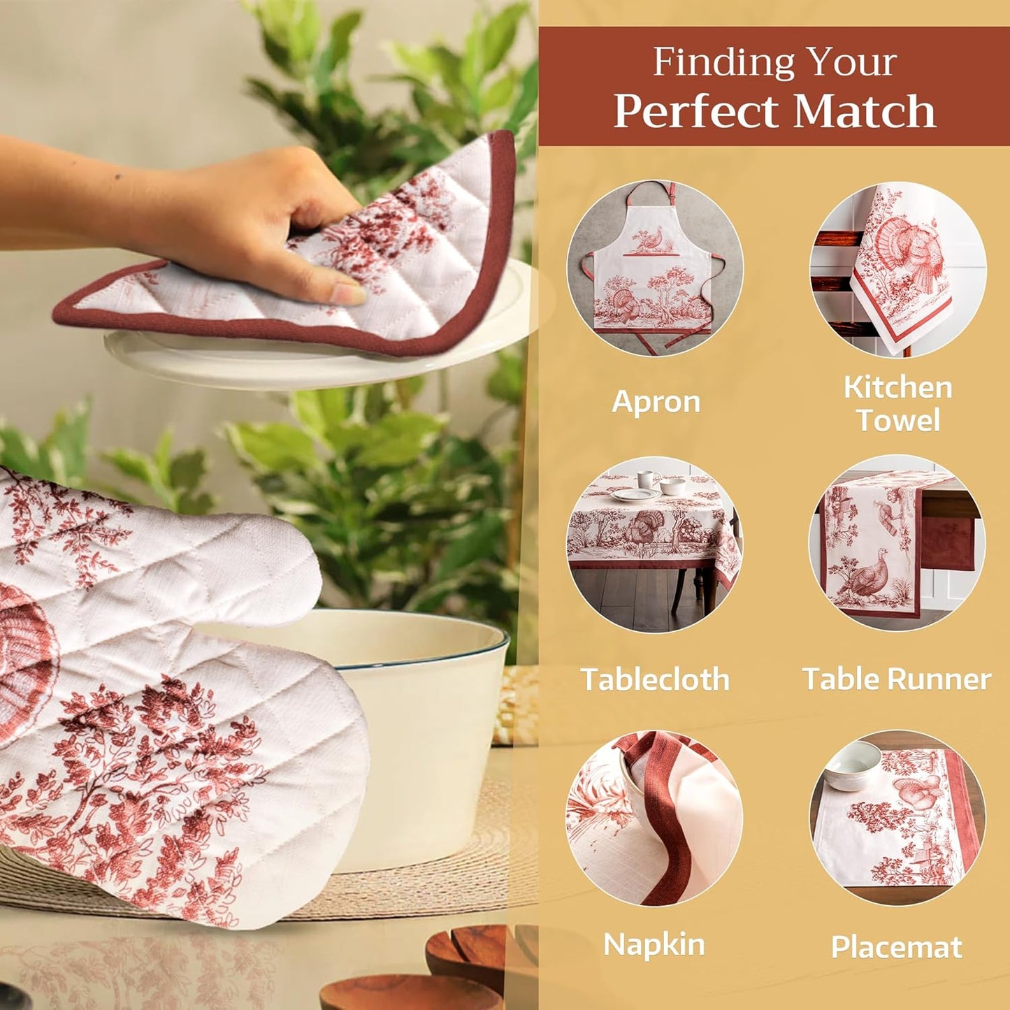 Maison d' Hermine Oven Gloves 100% Cotton Oven Mitt 7" x 13" with Loop Heat Resistant, BBQ, Cooking Gloves, Baking, Grilling, Kitchen, Handling Hot Pans (Pack of 1, Holy Jouy - Brown)