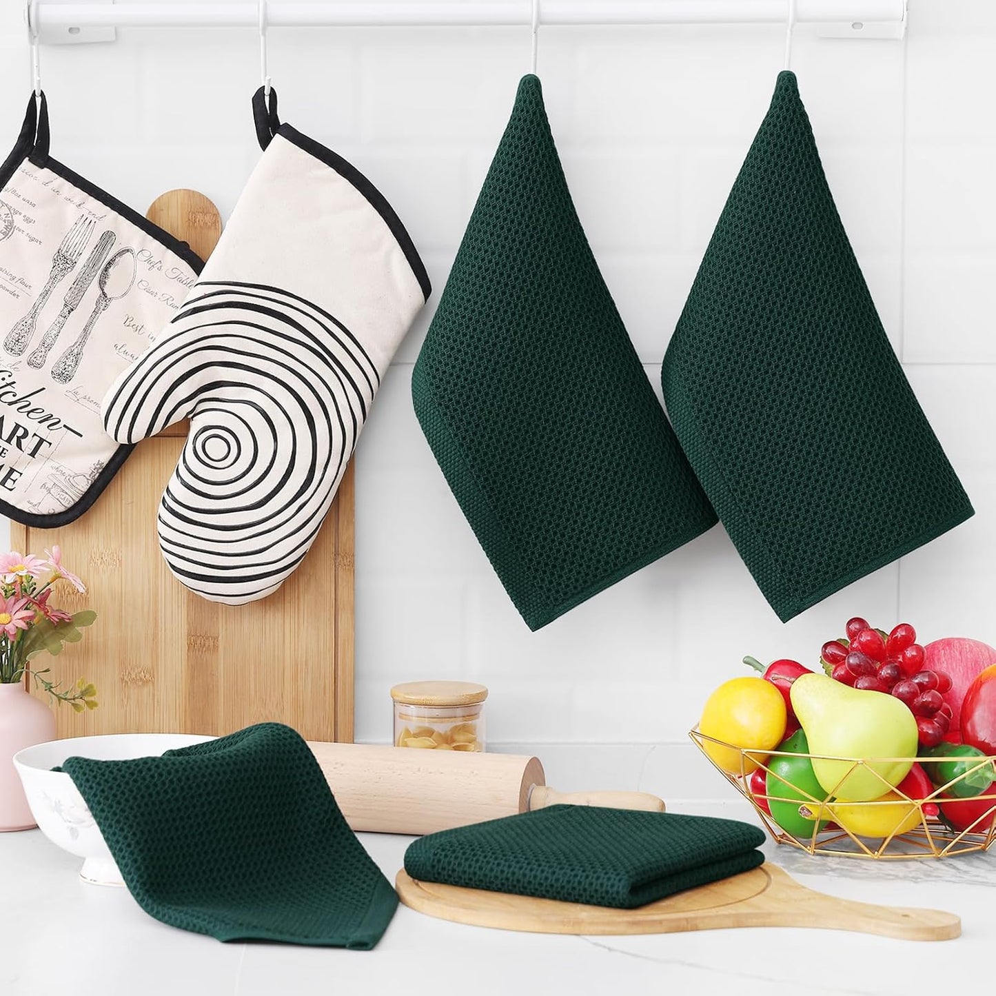 Homaxy 100% Cotton Waffle Weave Kitchen Dish Cloths, Ultra Soft Absorbent Quick Drying Dish Towels, 12 x 12 Inches, 6-Pack, Blackish Green