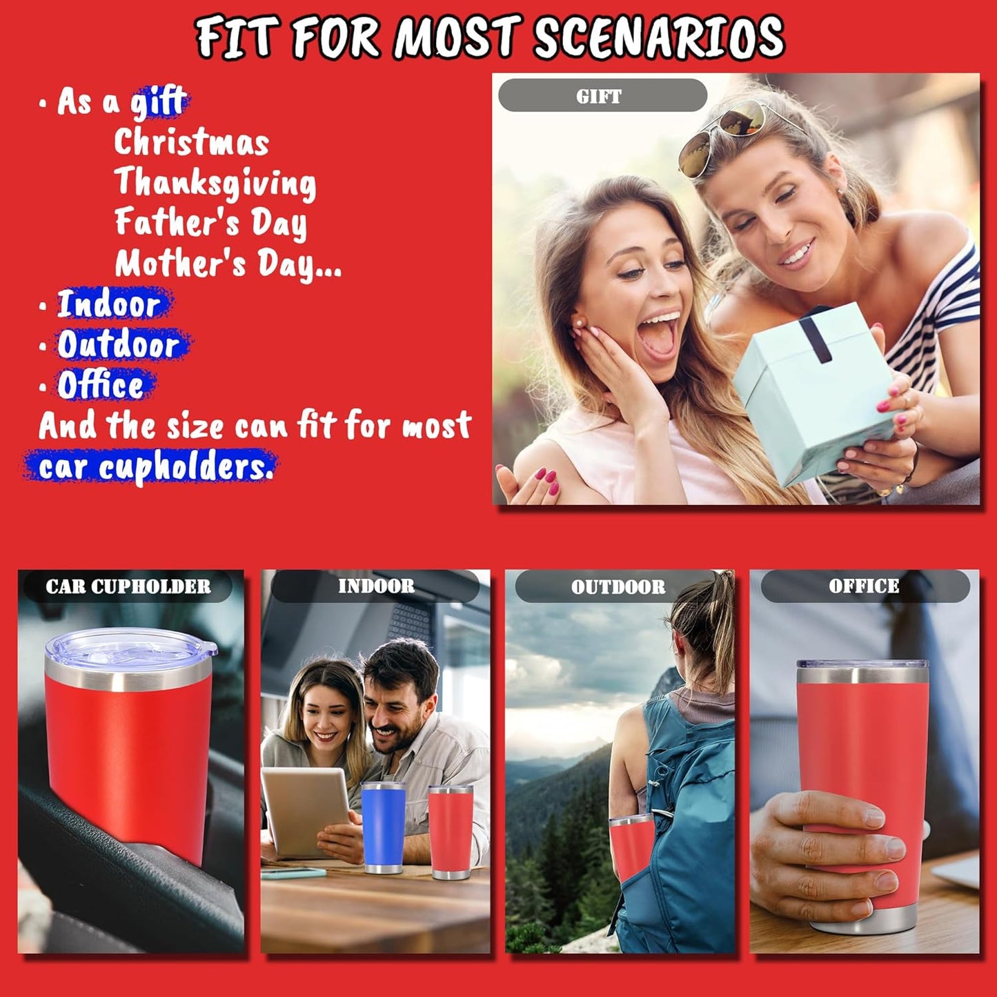 20 oz Tumbler with lid Double Wall Vacuum Insulated Tumblers Stainless Steel Coffee Mug Travel Coffee Tumbler Powder Coated Tumbler Cup Keep Hot&Cold- (Red 1 Pack)