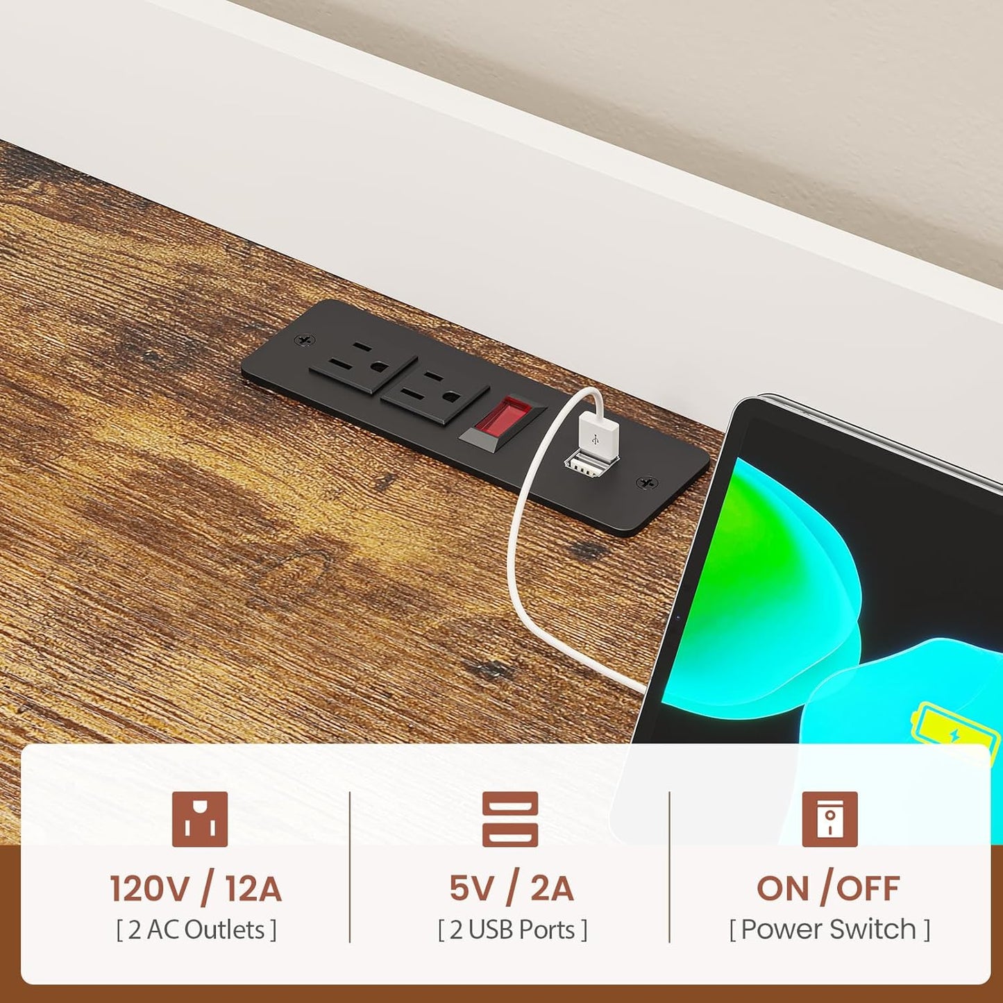 Itaar 35.4 inch Bakers Rack with Power Outlet and Storage, Farmhouse Coffee Bar Cabinet, Microwave Stand Kitchen Cabinet with Hutch, LED Lights, Wine Glass Holder and 8 Hooks,White