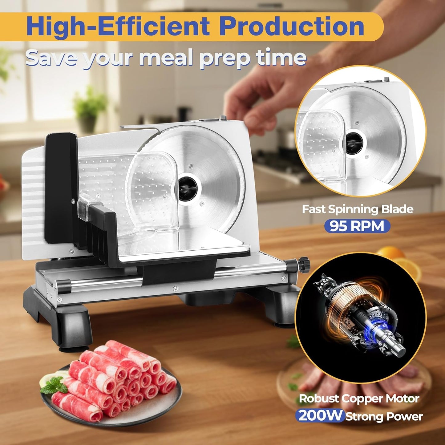 Meat Slicer 200W for Home Use, 2 Removable 7.5" Stainless Steel Blades, Electric Food Slicer with 0-18mm Adjustable Thickness, Child Lock, 1 Tray, and 1 Towel