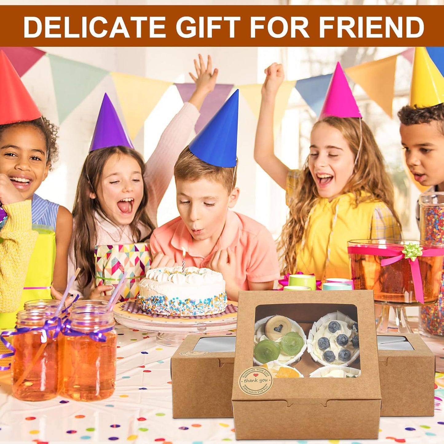 OAMCEG 50 PCS Cookie Boxes with Window, 6x6x3 Inch Cupcake Boxes, Brown Bakery Containers for Pastry, Dessert, Chocolate Strawberries, Treat Boxes with Stickers & Jute Twine