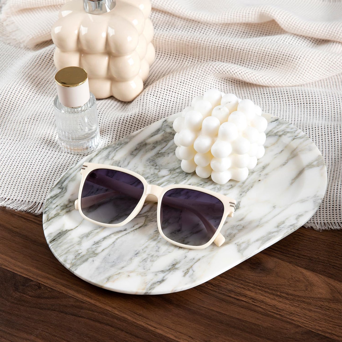 Natural Marble Decorative Tray Bathroom Counter Perfume Organizer Vanity Tray for Home Decor, Jewelry Candle, Coffee Table, Soap Holder Dresser Countertop Accessories 8"x11" Carrara