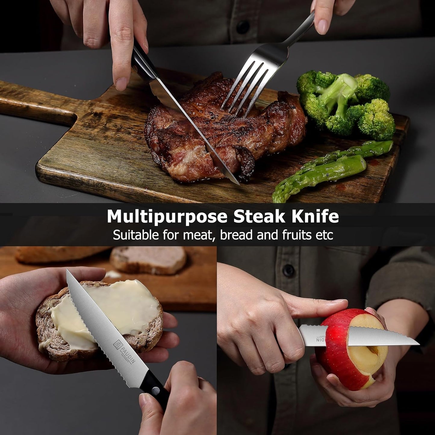 PAUDIN Steak Knives, Steak Knife Set of 8, Razor-Sharp Kitchen Knife Set 4.5 inch, High Carbon Stainless Steel Serrated Steak Knives Set for Kitchen, Full Tang ABS Handle