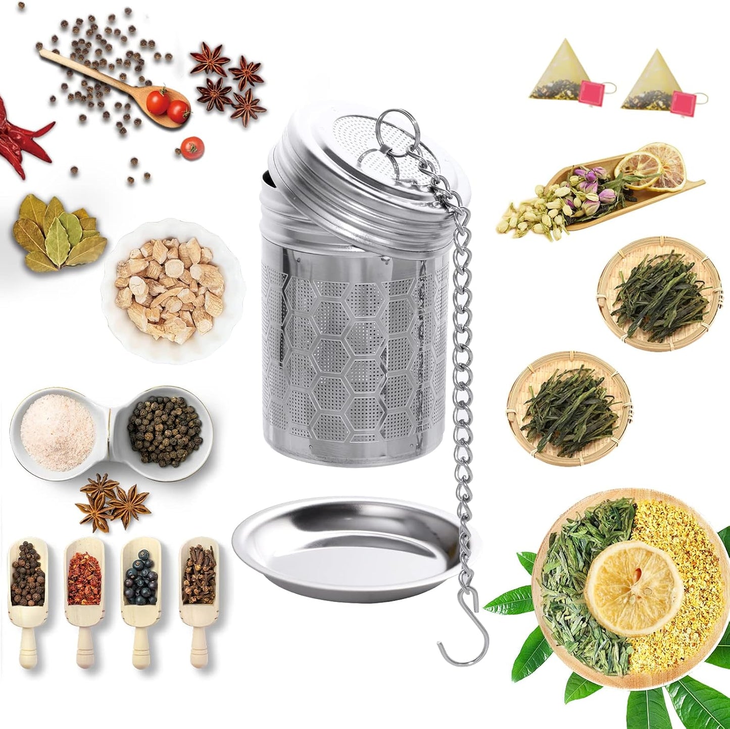 2 Pack Tea Strainers Infuser for Loose Tea 304 Stainless Steel Mesh Loose Leaf Steeper Diffuser with Chain Hook and Threaded Lid for Black Tea, Spices and Seasonings