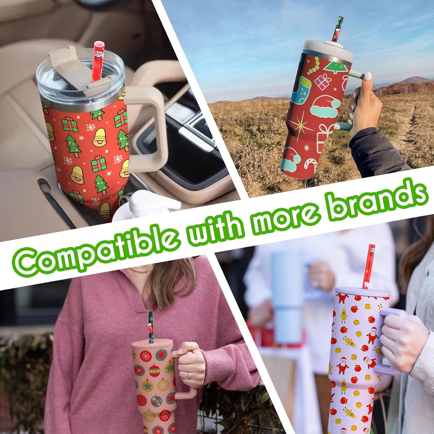 AIERSA 6 Pack Christmas Straw Replacement for Stanley 30&40oz,Plastic Reusable Straw for Stanley Tumbler,Long Straws with Cleaning Brush for Stanley Cup Accessories