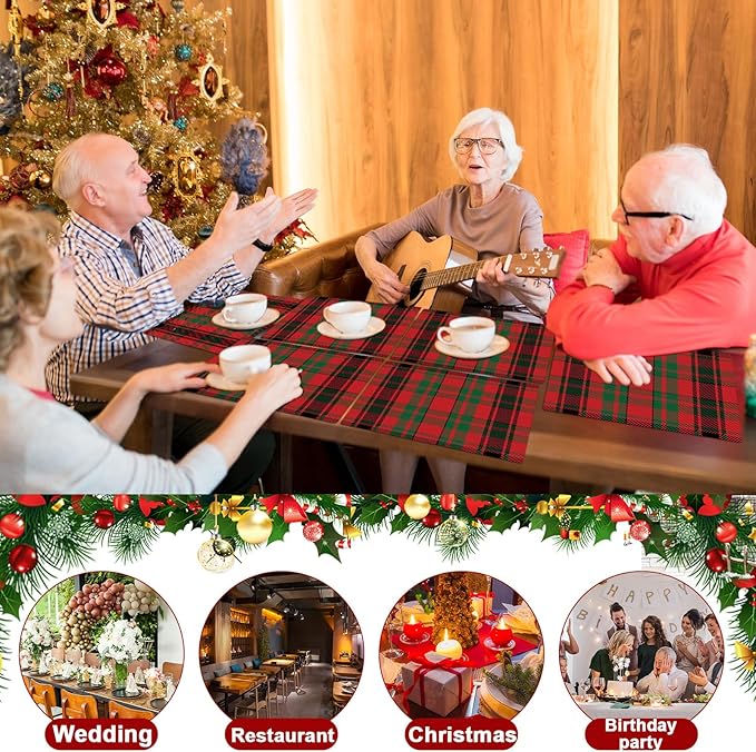 Christmas Placemats Set of 6 Red and Green Plaid Plastic Table Mats Recyclable Place Mats Washable Farmhouse Holiday Table Decoration for Indoor Outdoor Christmas Party Kitchen Dining