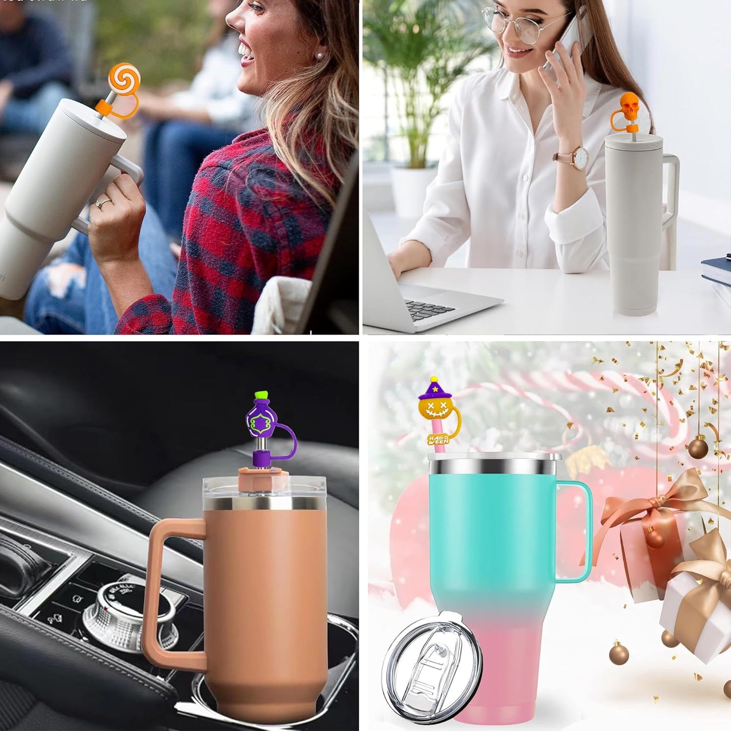 9PCS 3D Halloween Straw Toppers for Stanley Cup, Cute Silicone Skull Ghost Straw Covers Cap Compatible with 30&40oz Tumbler with Handle,10mm 0.4in Dust-Proof Reusable Tips Lids for Halloween Gifts