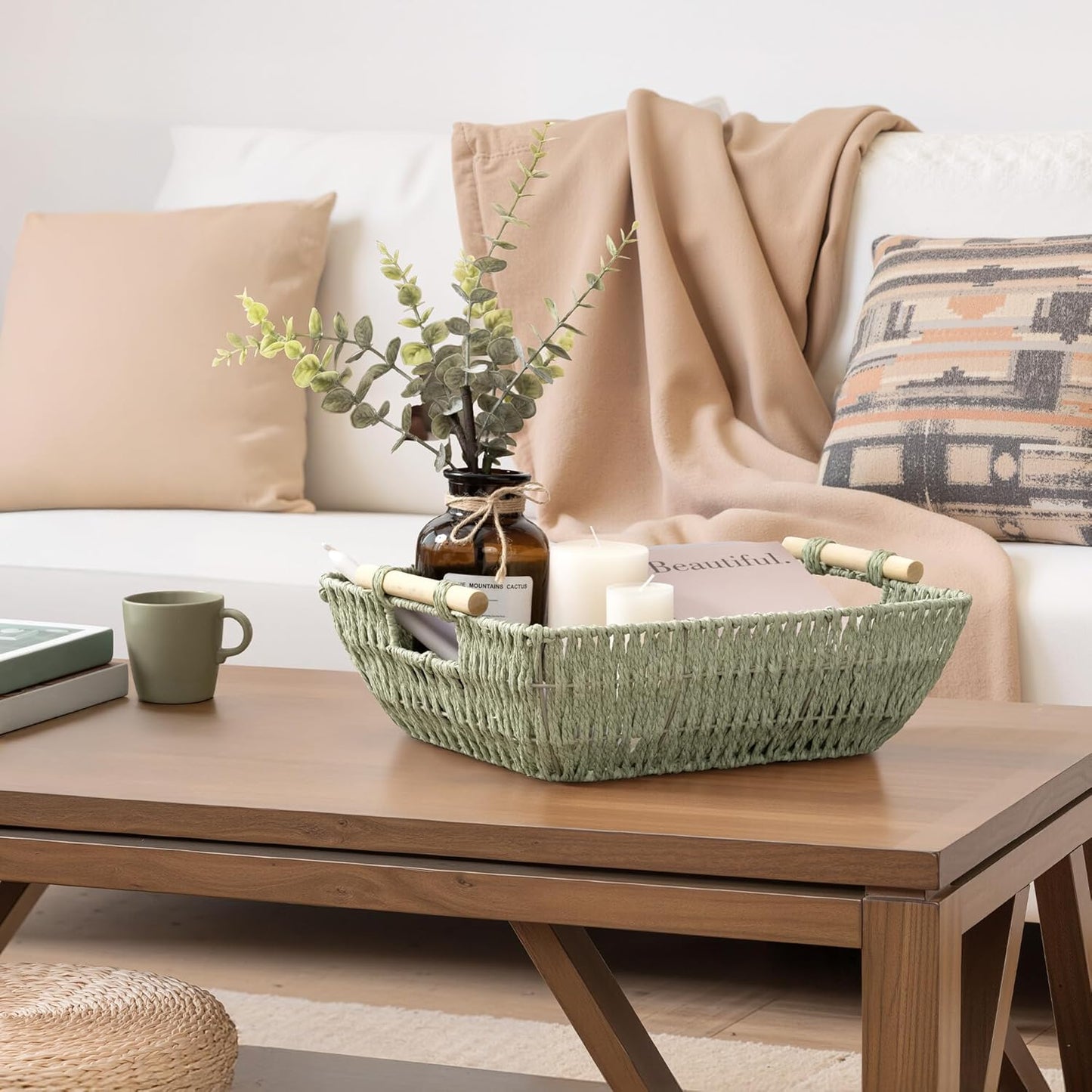 StorageWorks Extra Large Wicker Storage Basket for Organizing with Wooden Handles, Toilet Paper Baskets for Bathroom, Bosana Green, 2-Pack