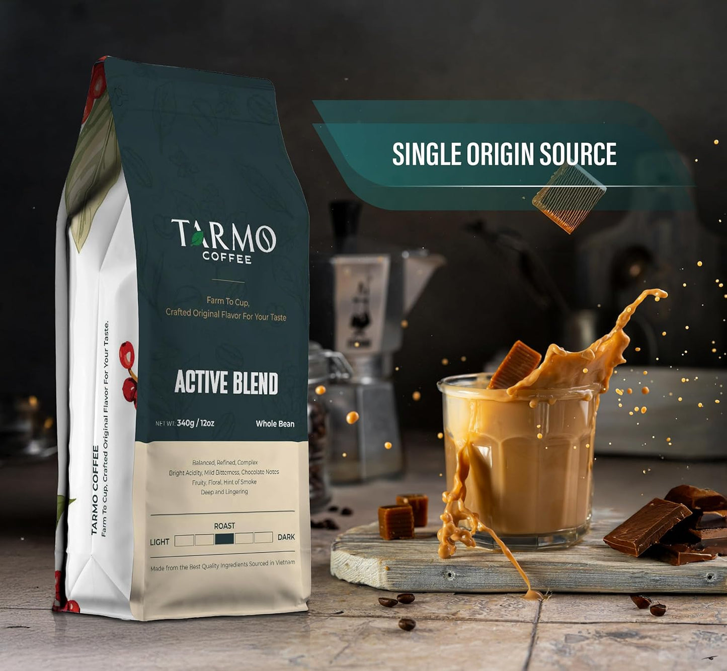 TARMO - ACTIVE BLEND | Low Acid ARABICA & ROBUSTA BLEND Whole Bean Coffee | Specialty Vietnamese Coffee | Single Origin Medium Roast | Premium Espresso Beans, 12 Oz Bag