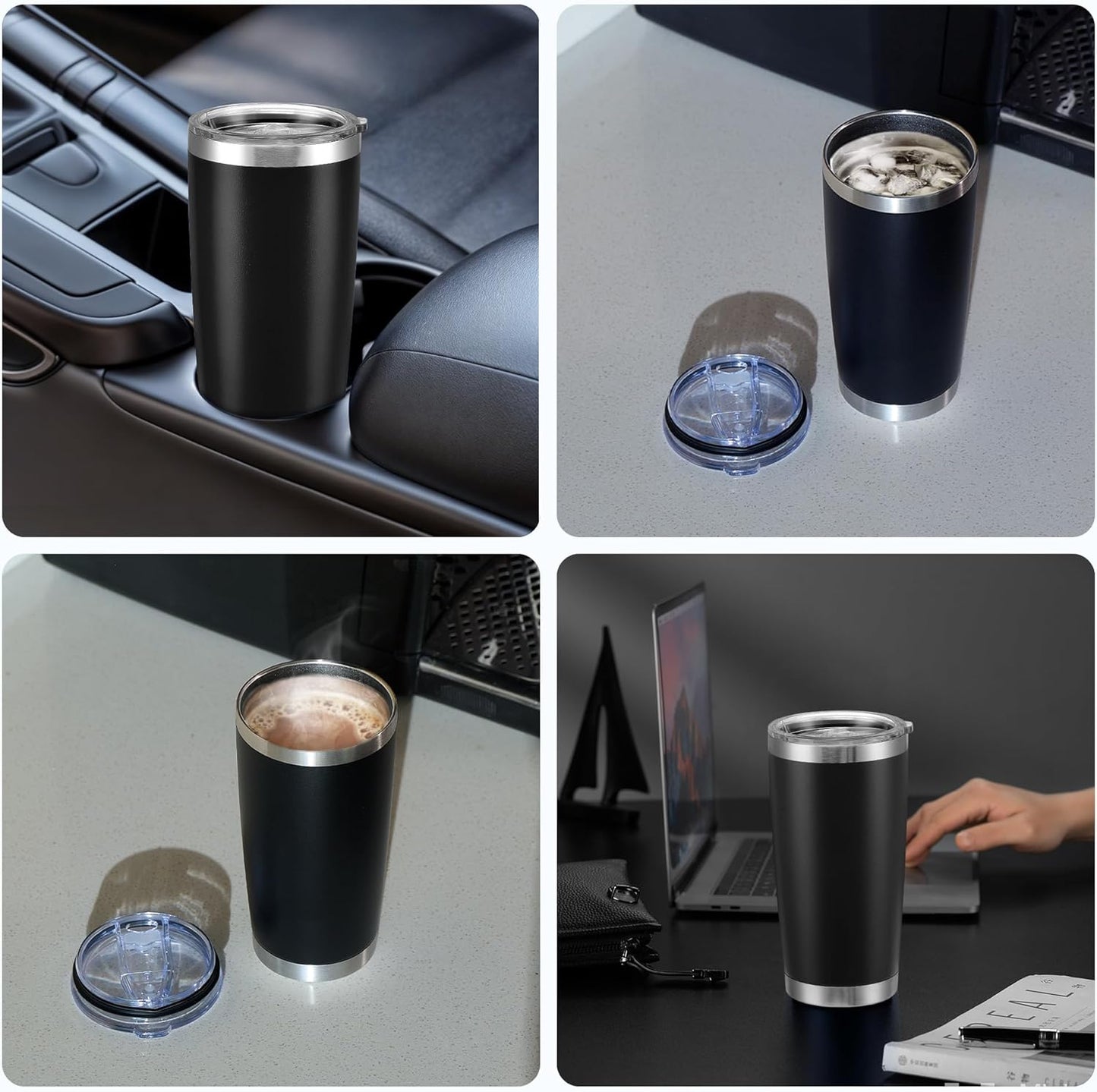 OMTech 20oz Tumblers Bulk, 6pc Stainless Steel Tumbler Set with Lid & Straw, Double Wall Vacuum Insulated Mug for Laser Engraver, Travel Coffee Mug for Hot & Cold Drinks, Black Powder Coated Cup