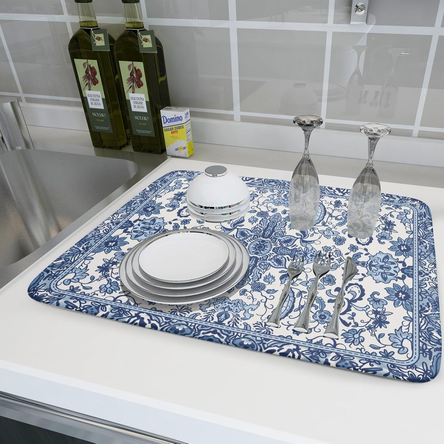 Chinoiserie Floral Dish Drying Mat for Kitchen Counter Blue and White Flowers Pattern Dish Drying Pad 18”x24”Absorbent Reversible Seasonal Decor Dishes Drainer Pad Dish Dry Rack Mat for Counter top