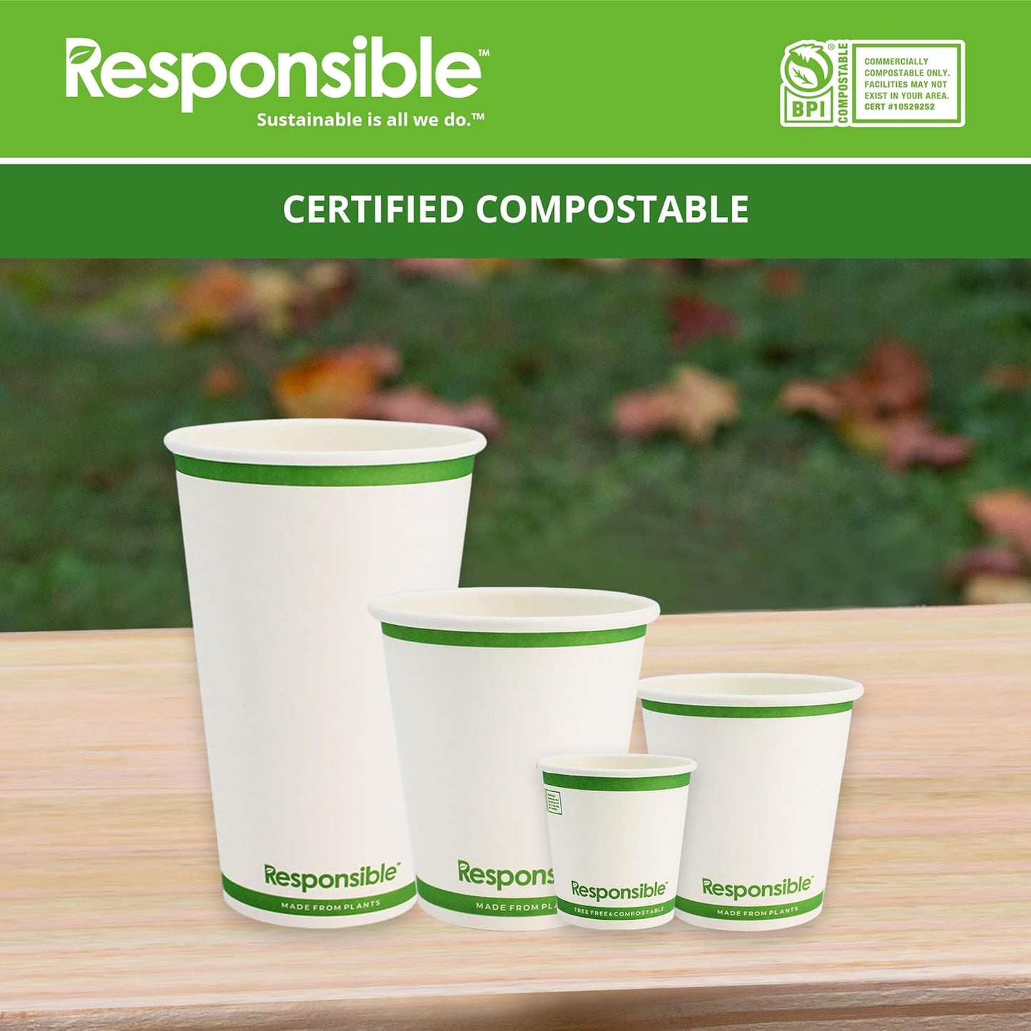Certified Compostable 10 oz Paper Cups, Cold & Hot Coffee Cups, Disposable Paper Cups, Extra Strength Disposable Cups, Made without PFAS (50 count)