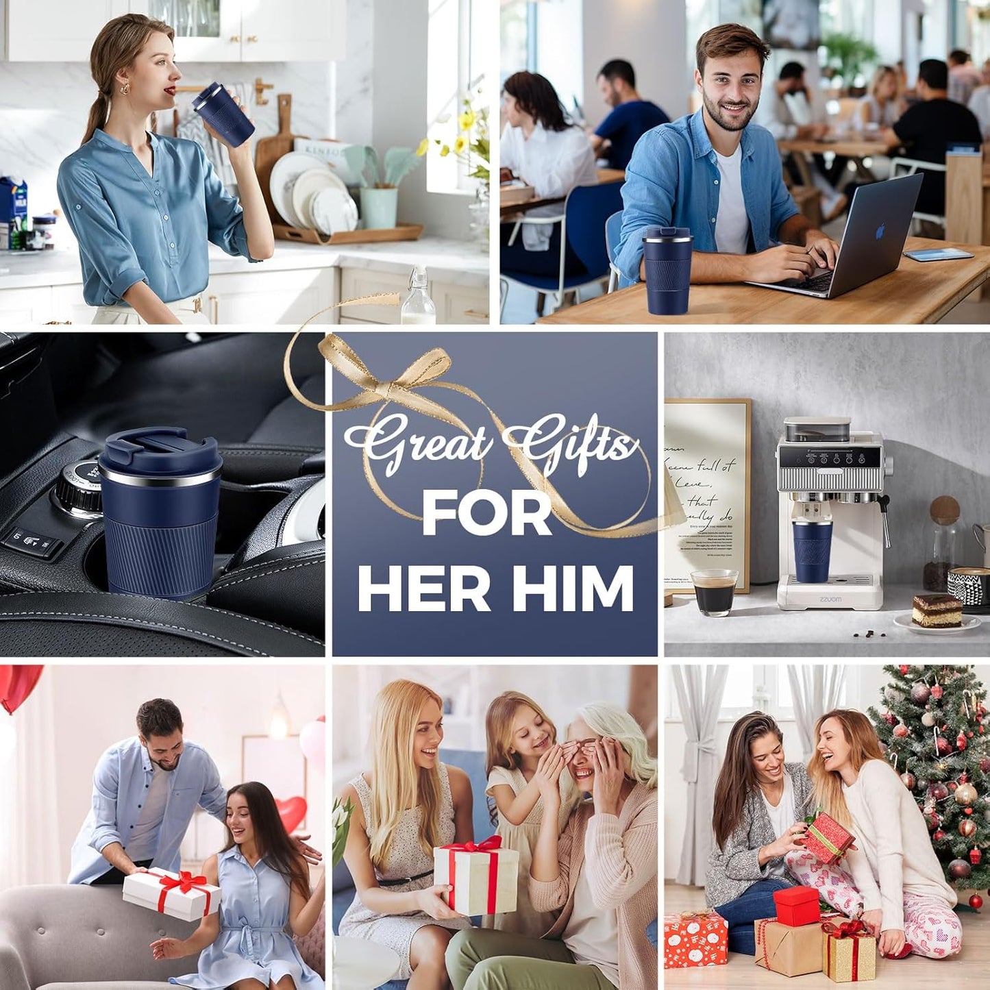 Volhoply 13 oz Stainless Steel Insulated Travel Coffee Mug with Fip Lid Bulk 8 Pack,Reusable Double Wall Vacuum Metal Coffee Cup,Portable Leak Proof Thermal Tumbler for Hot & Cold Drinks(Navy,8)