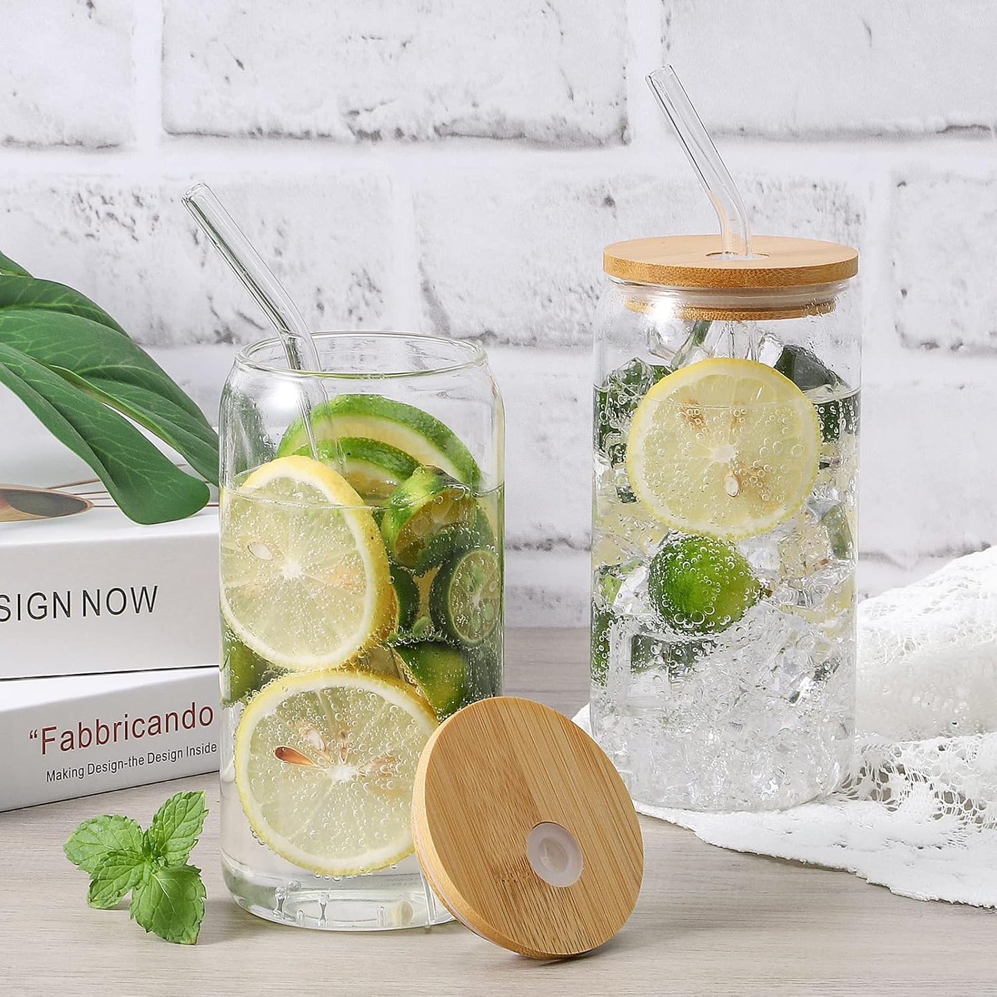 Glass Cups with Lid and Straw, 16oz Beer Glasses Glass Coffee Cups, Iced Coffee Cups with Lid, Glass Tumbler with Straw and Lid (2 PACK)