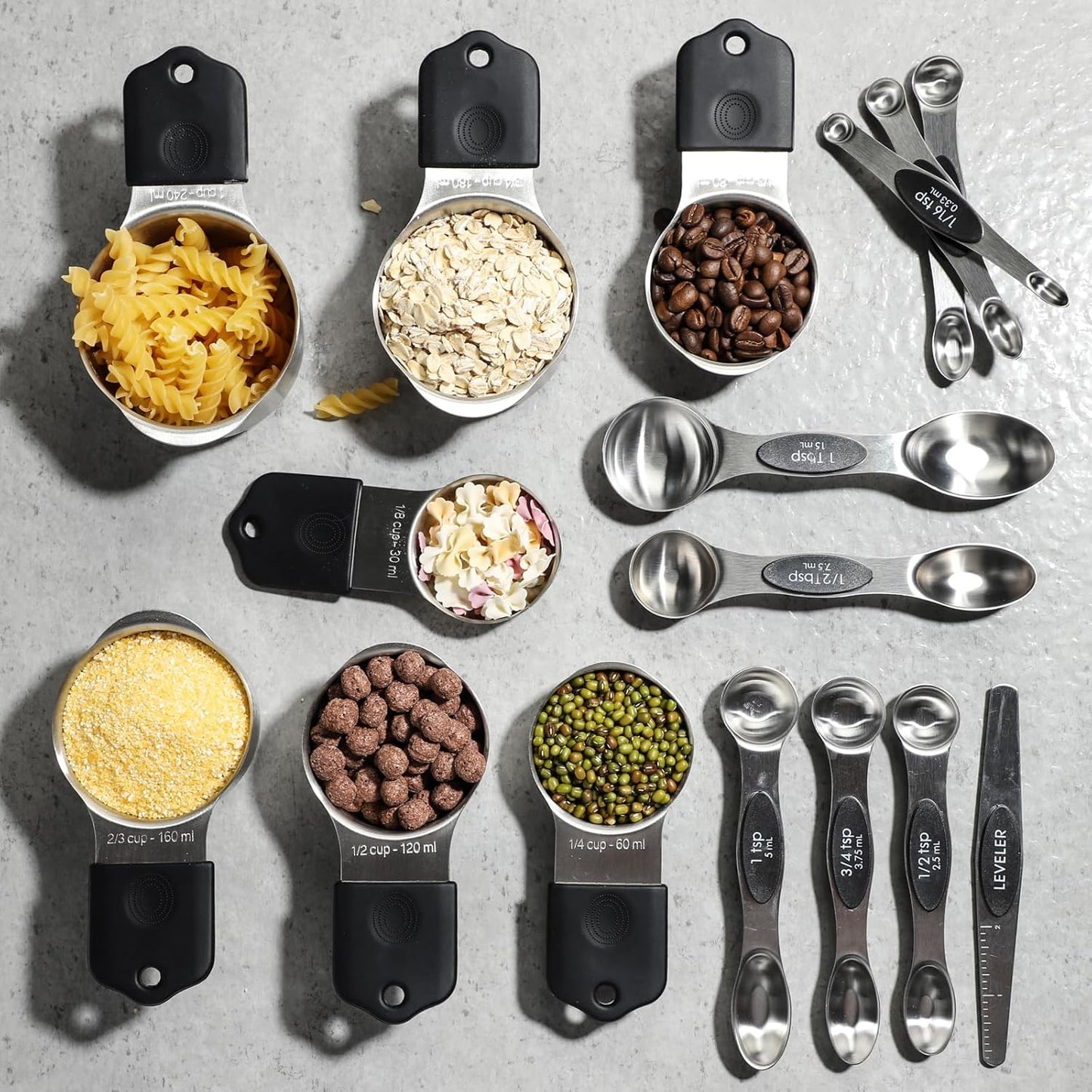 Magnetic Measuring Cups and Spoons Set Including 7 Stainless Steel Measuring Cups 8 Double Sided Magnetic Measuring Spoons Set with 1 Leveler Kitchen Tools for Cooking Baking (Black)