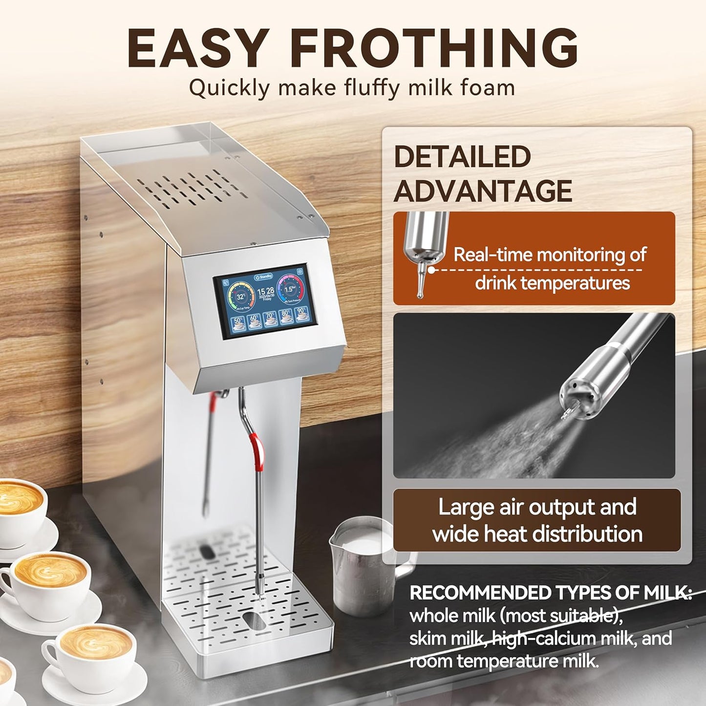 Automatic Commercial Milk Frother 2000W, 5L Professional Stainless Steel Steam Electric Milk Frothers Machine, Six-gears Temperature Setting With LED Display For Tea Coffee Shop (110V-120V)